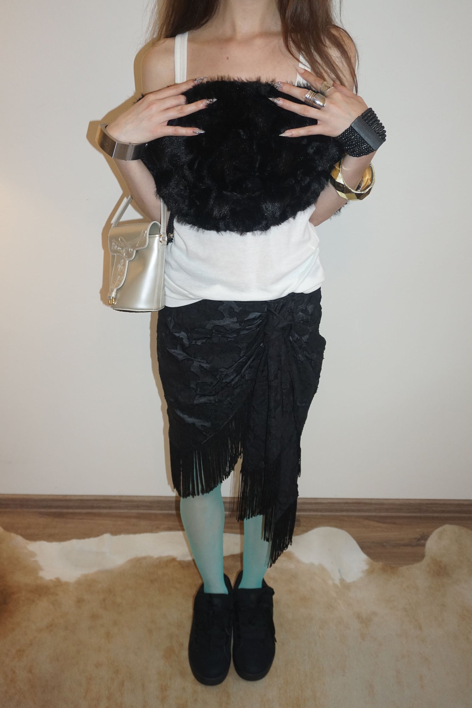 Fringe Tie Skirt Black/Ice Blue