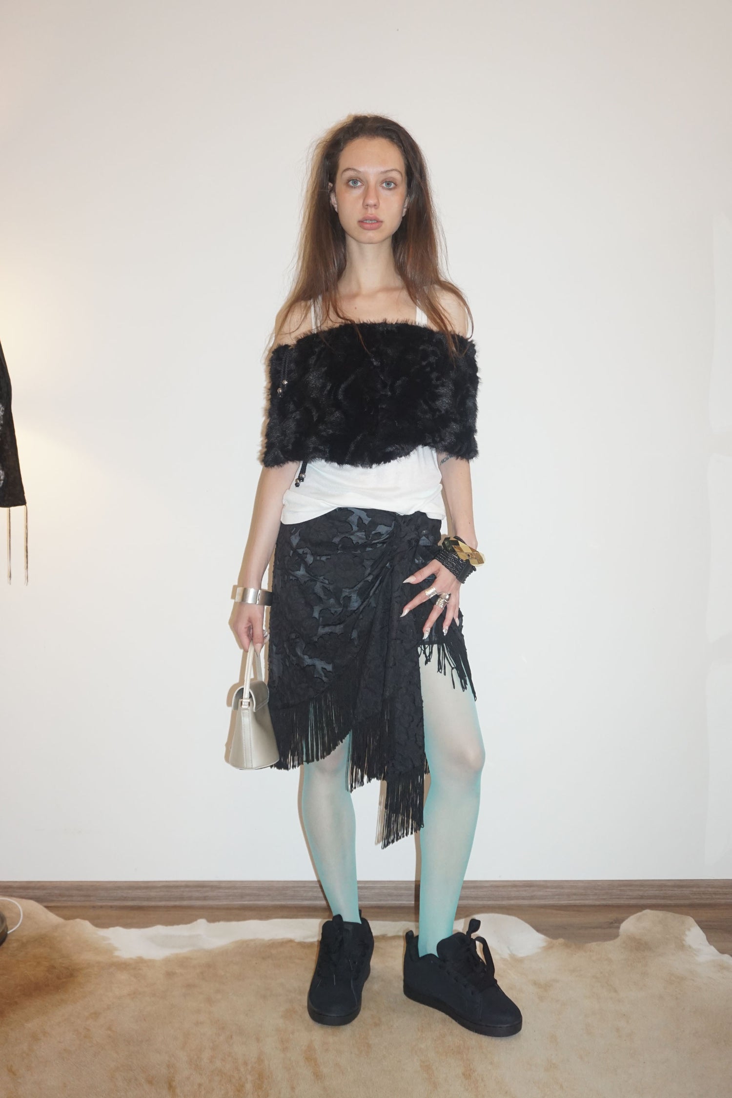 Fringe Tie Skirt Black/Ice Blue