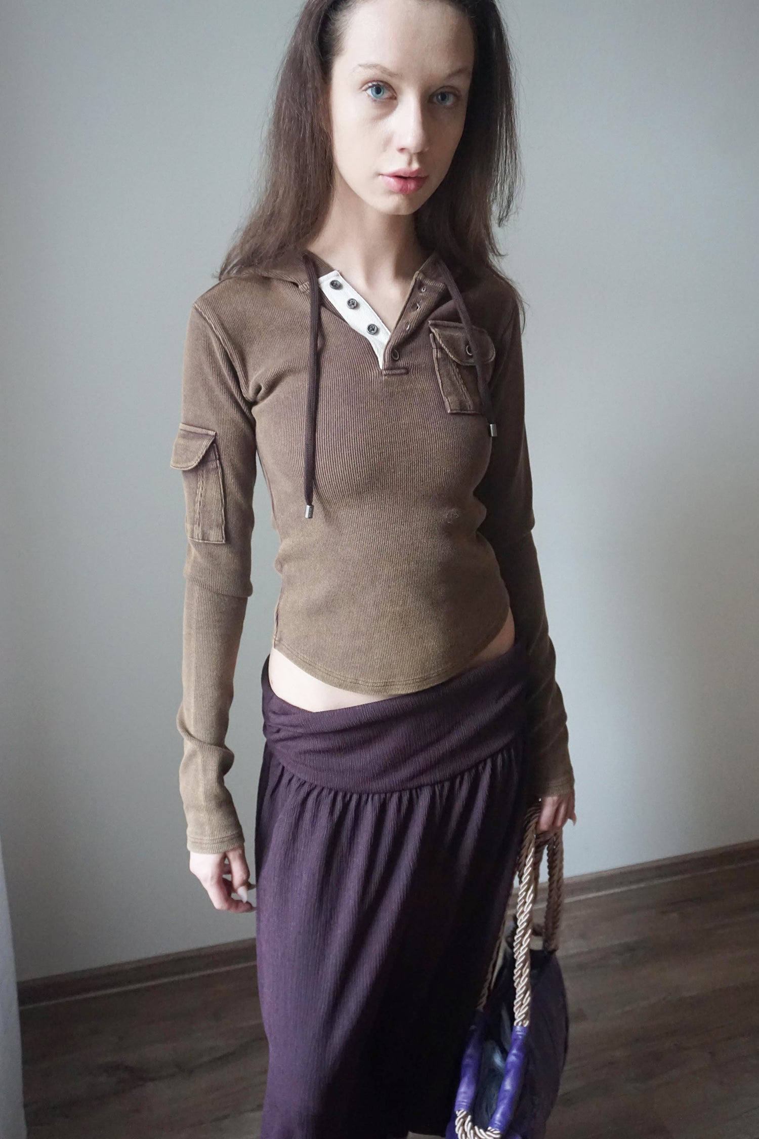 Washed Pocket Hoodie Brown