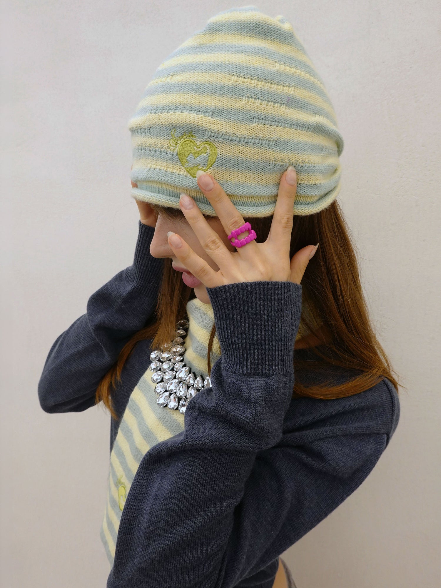 Cashmere Blend Stripe Beanie Lemon/Mint