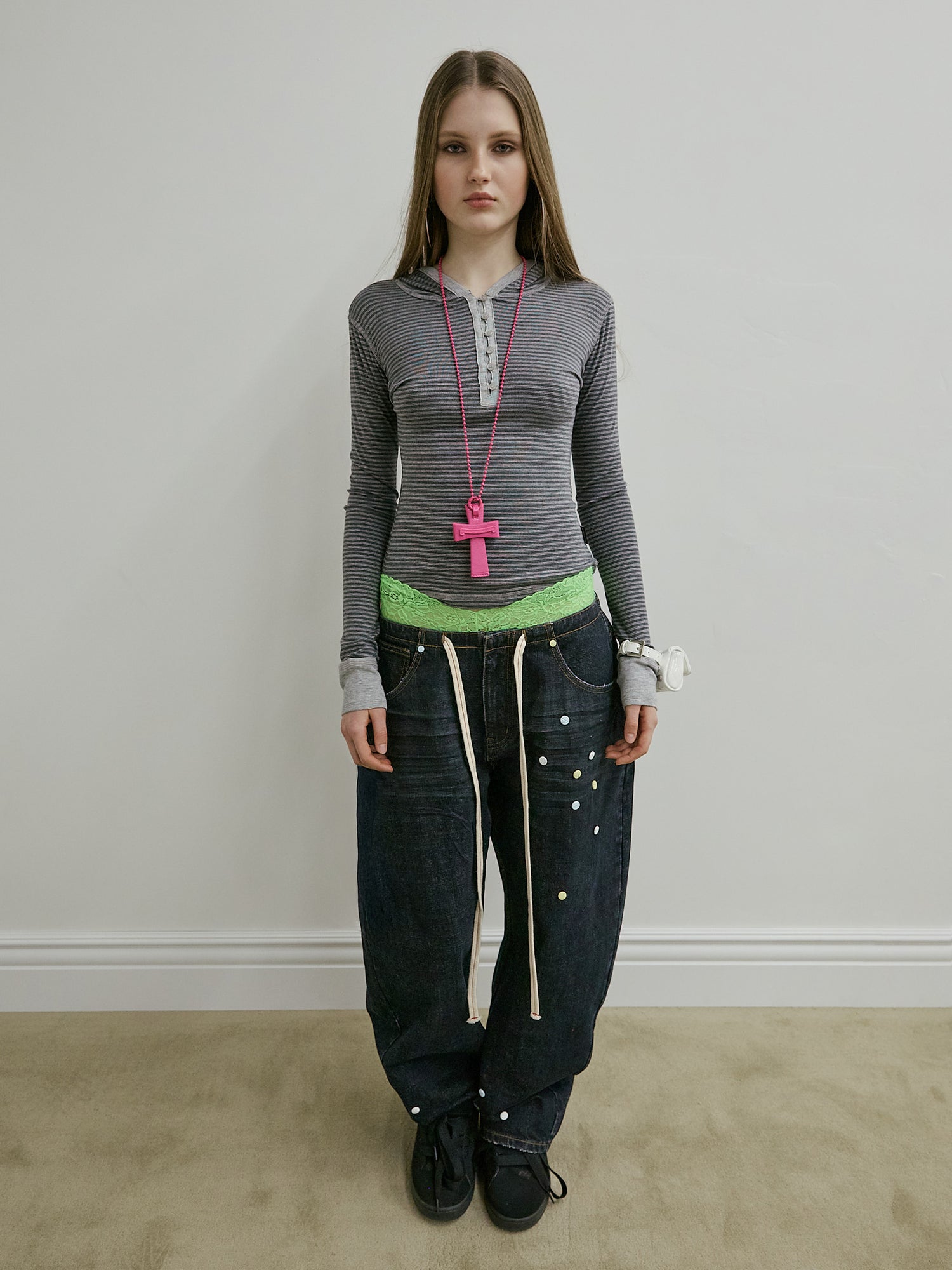 Striped Button Down Hoodie Charcoal