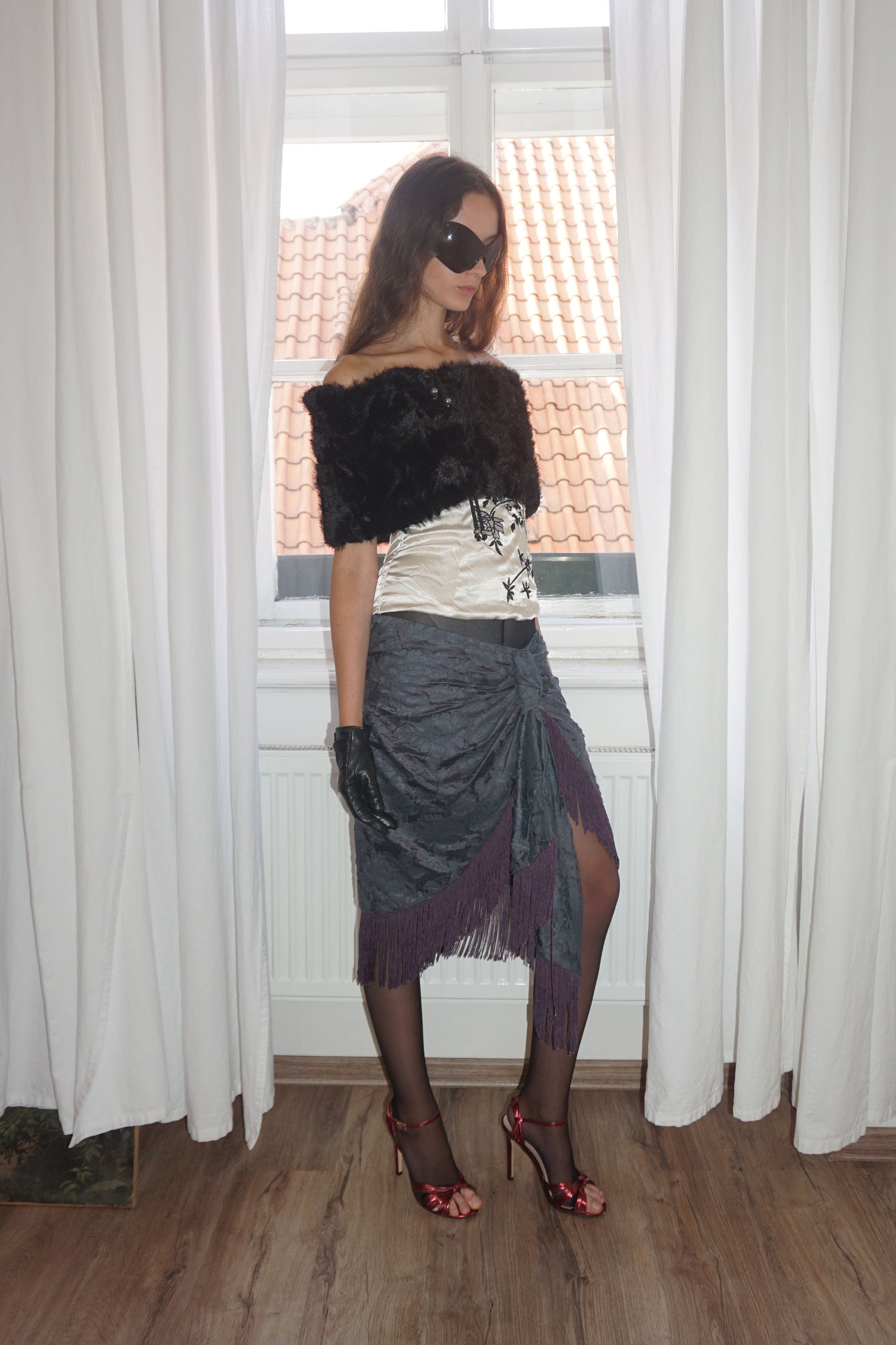 Fringe Tie Skirt Charcoal/Purple