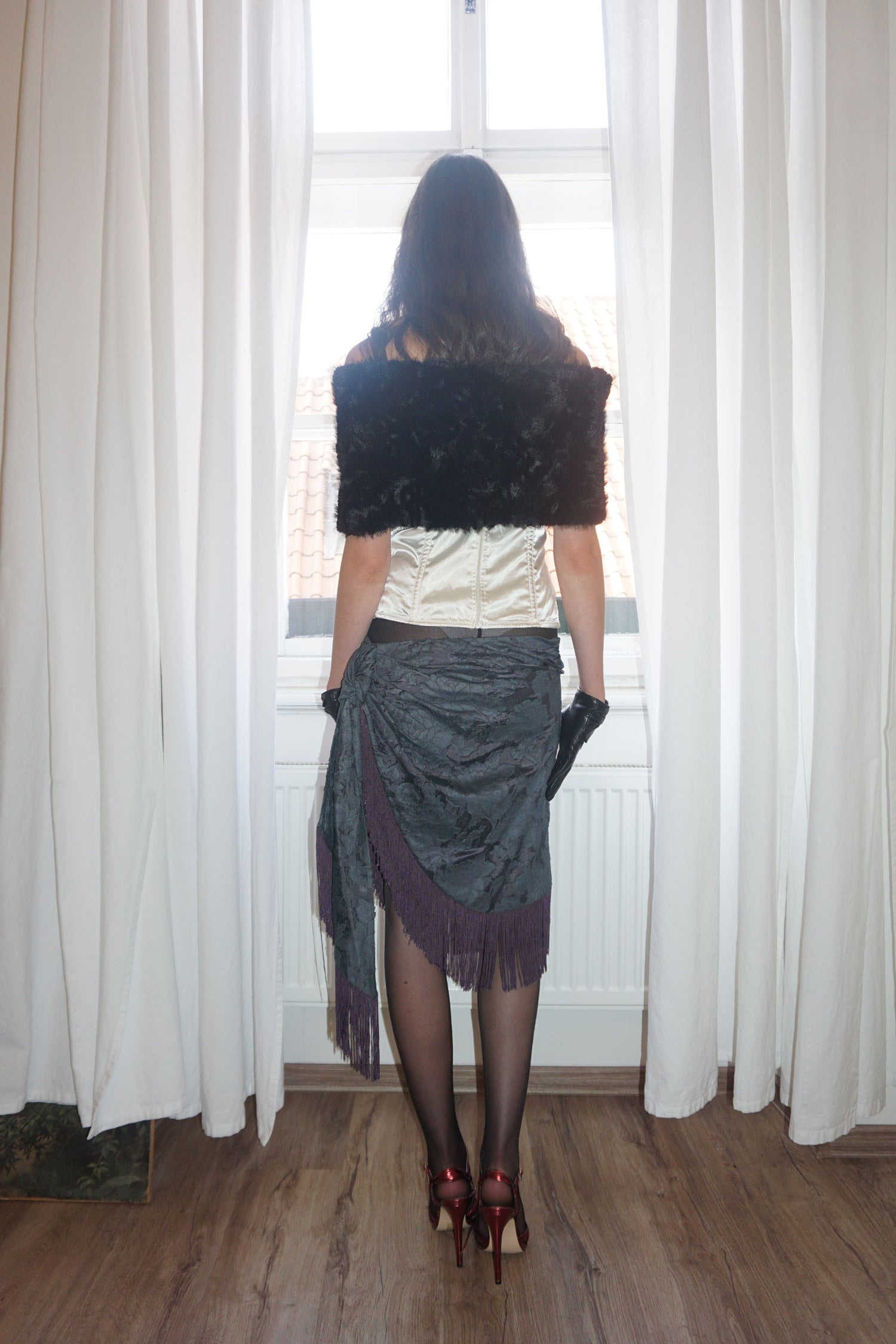 Fringe Tie Skirt Charcoal/Purple