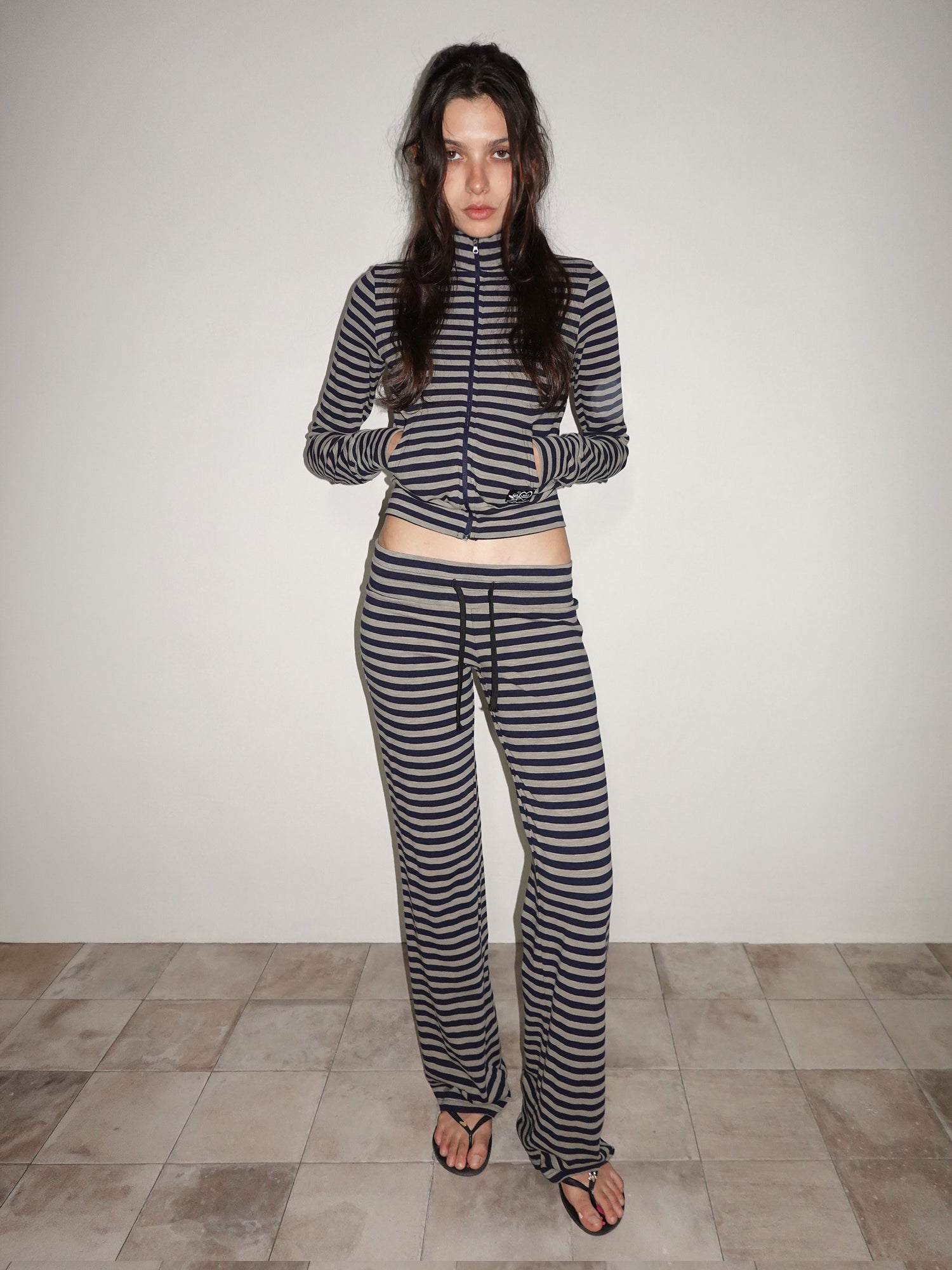 Classic Striped Jersey Zip-Up Navy