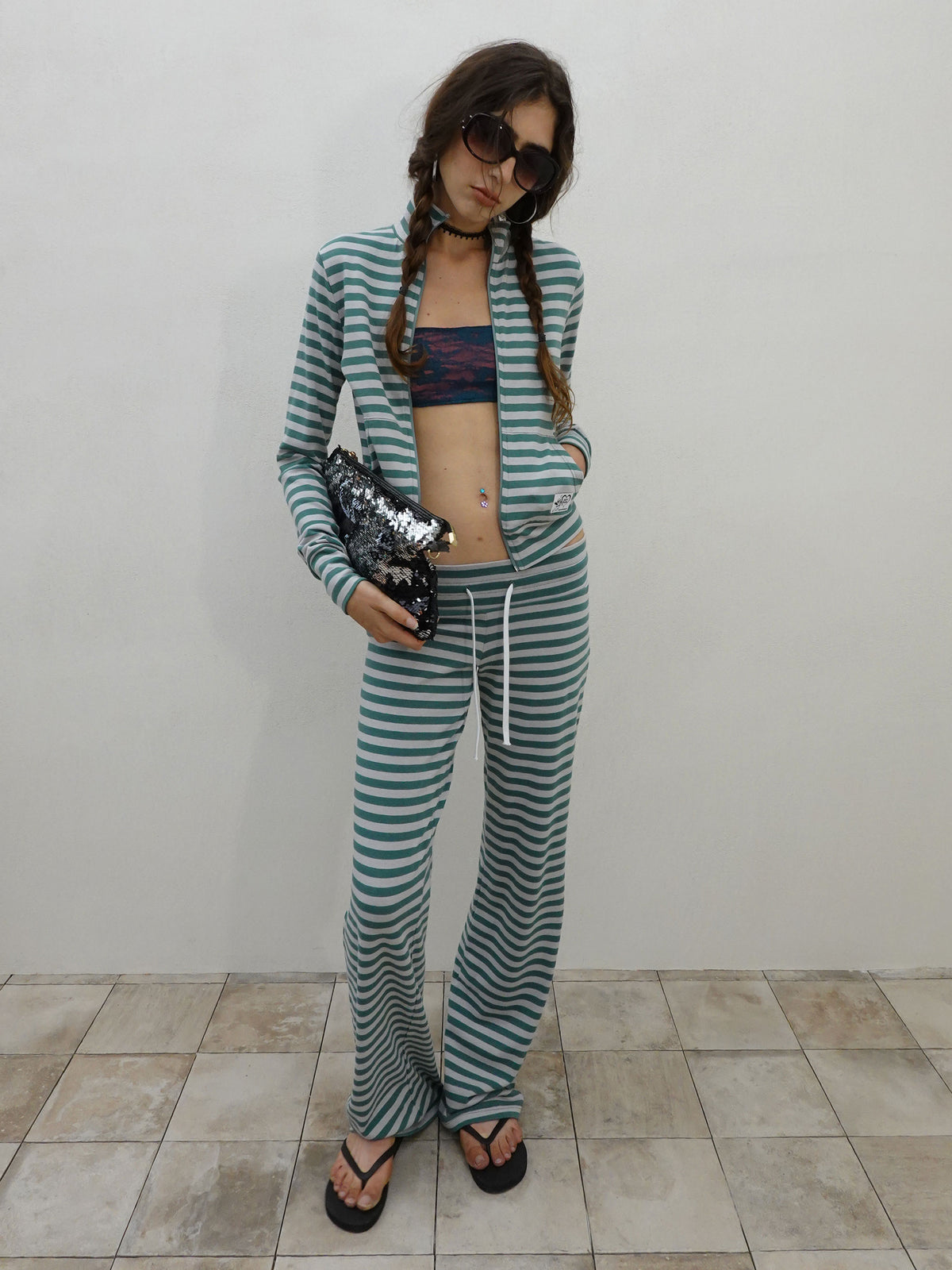 Classic Striped Jersey Zip-Up Teal