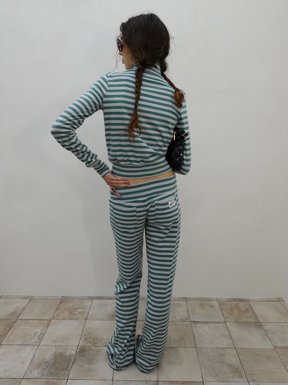 Classic Striped Jersey Zip-Up Teal