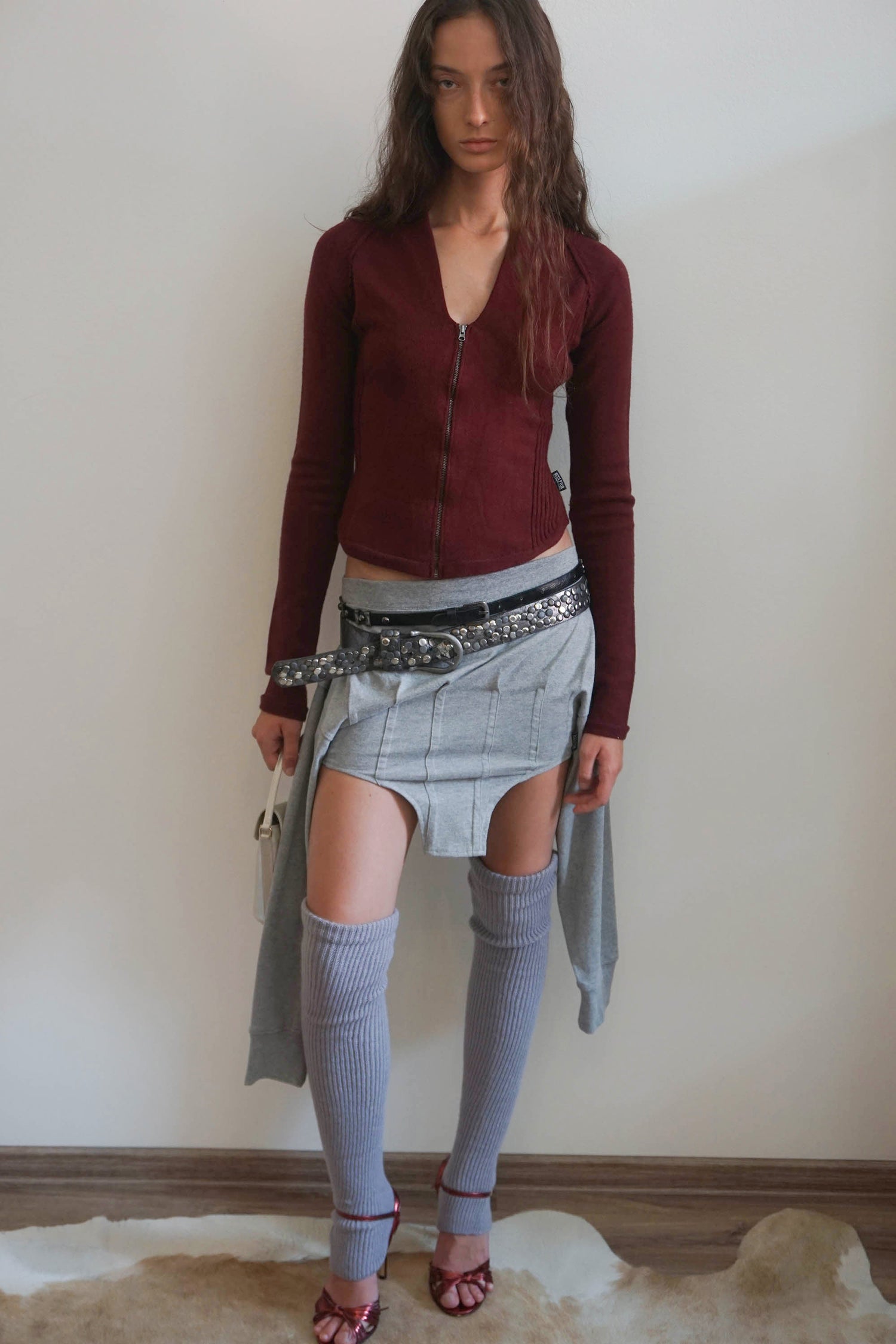 Open Collar Knit Zip-Up Deep Plum