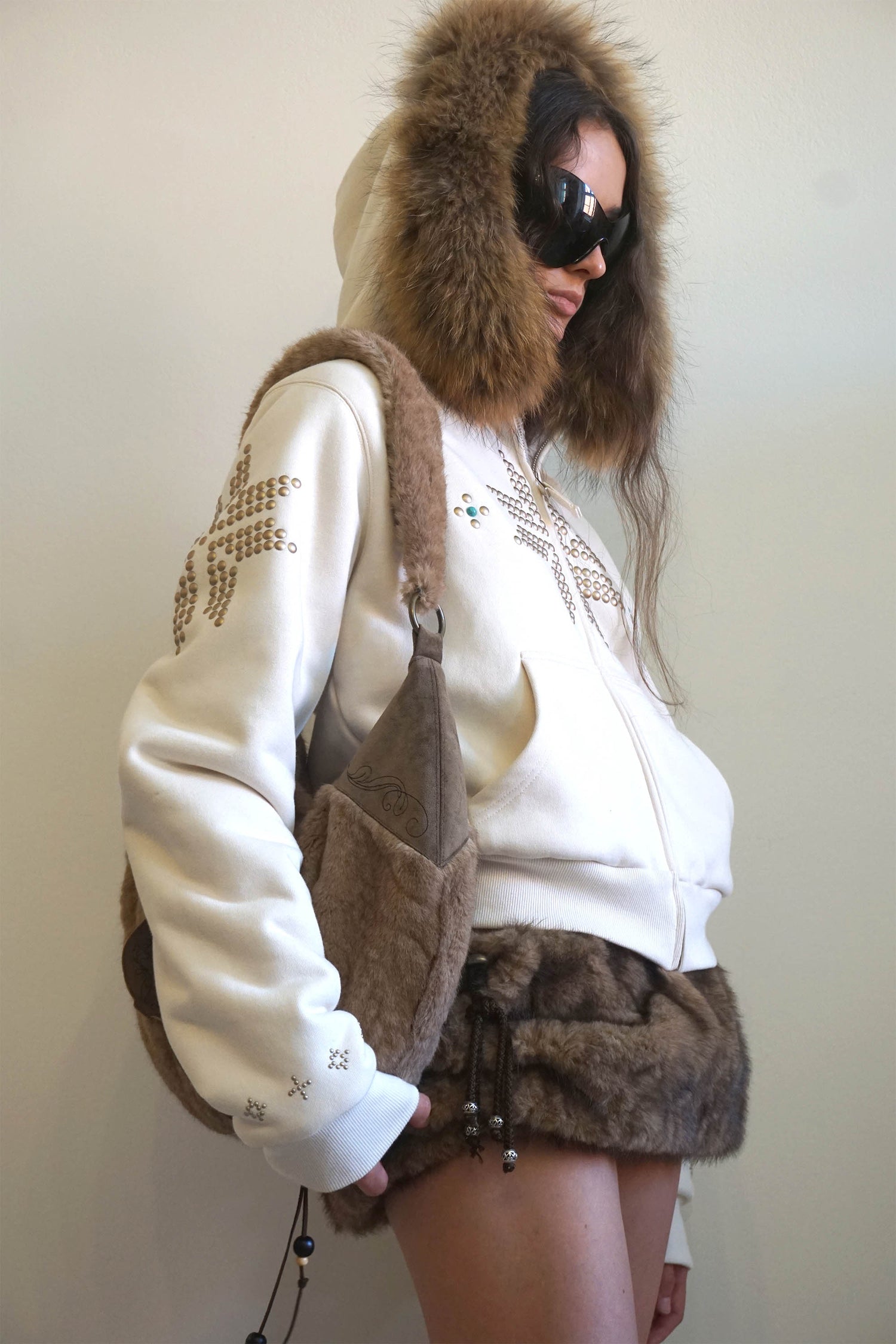 Fur Trimming Hooded Zip-Up Dirty White