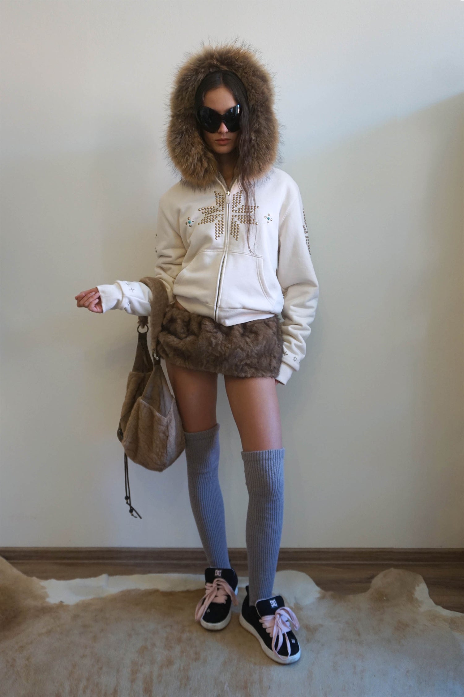 Fur Trimming Hooded Zip-Up Dirty White
