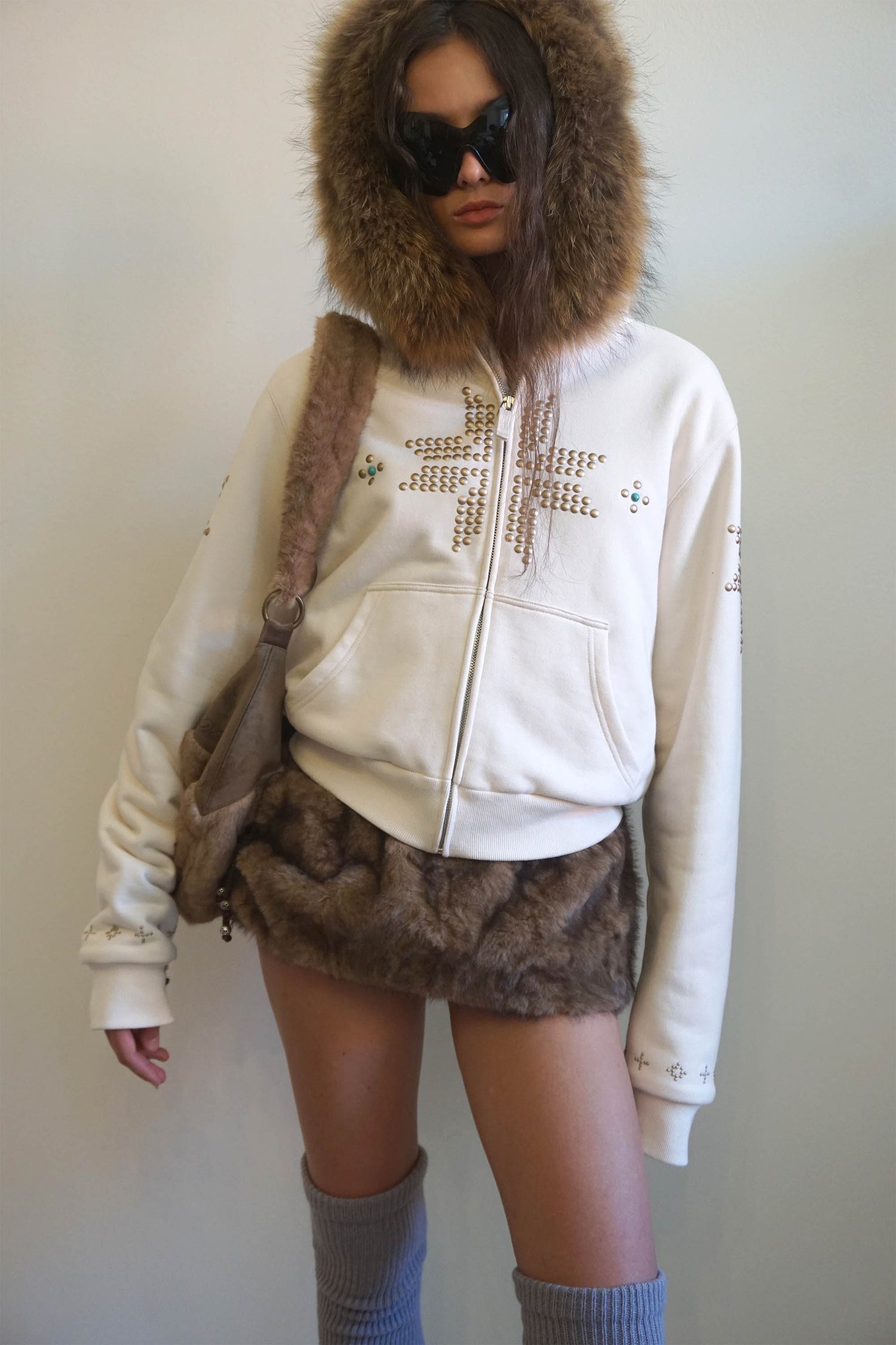 Fur Trimming Hooded Zip-Up Dirty White