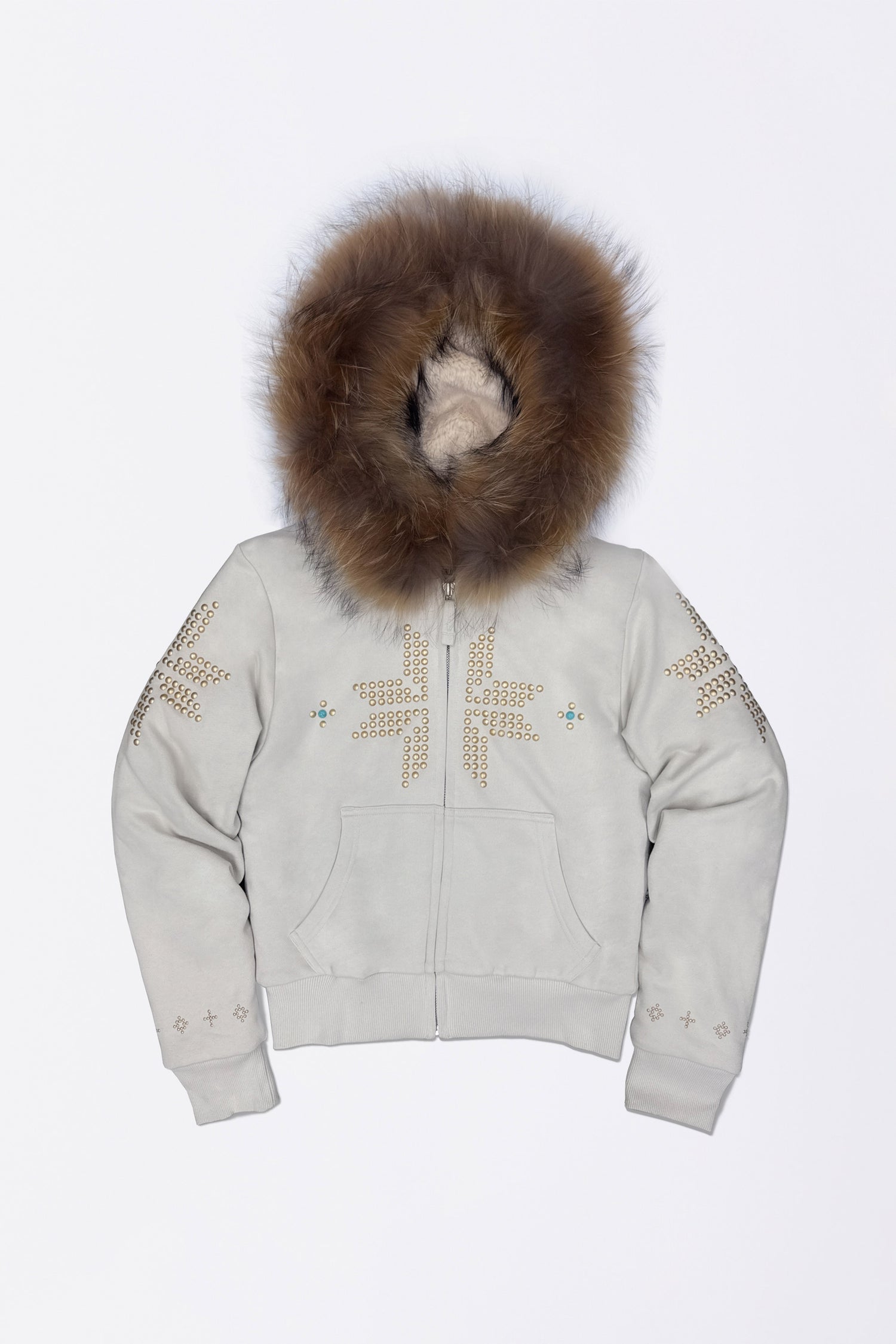 Fur Trimming Hooded Zip-Up Dirty White