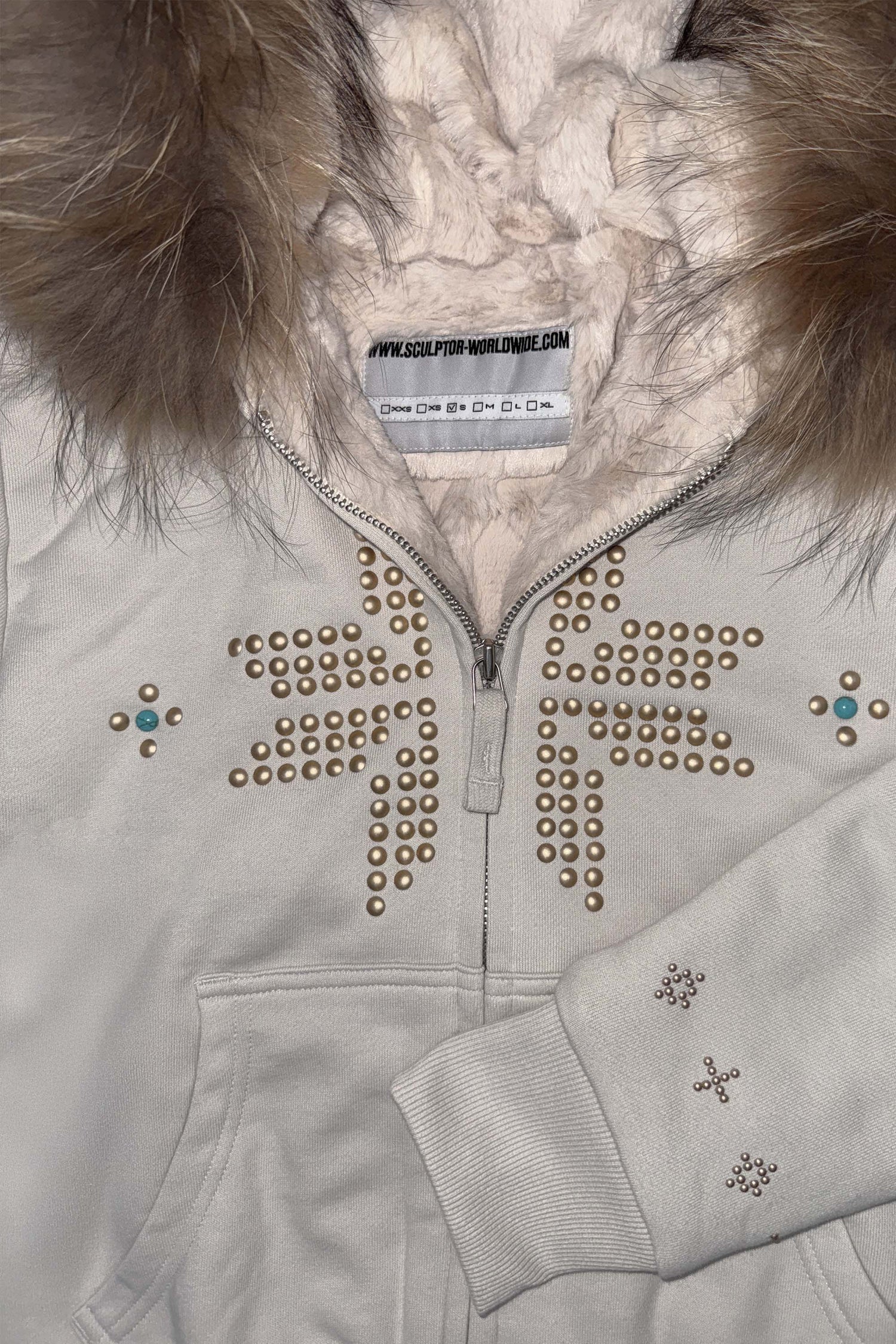 Fur Trimming Hooded Zip-Up Dirty White