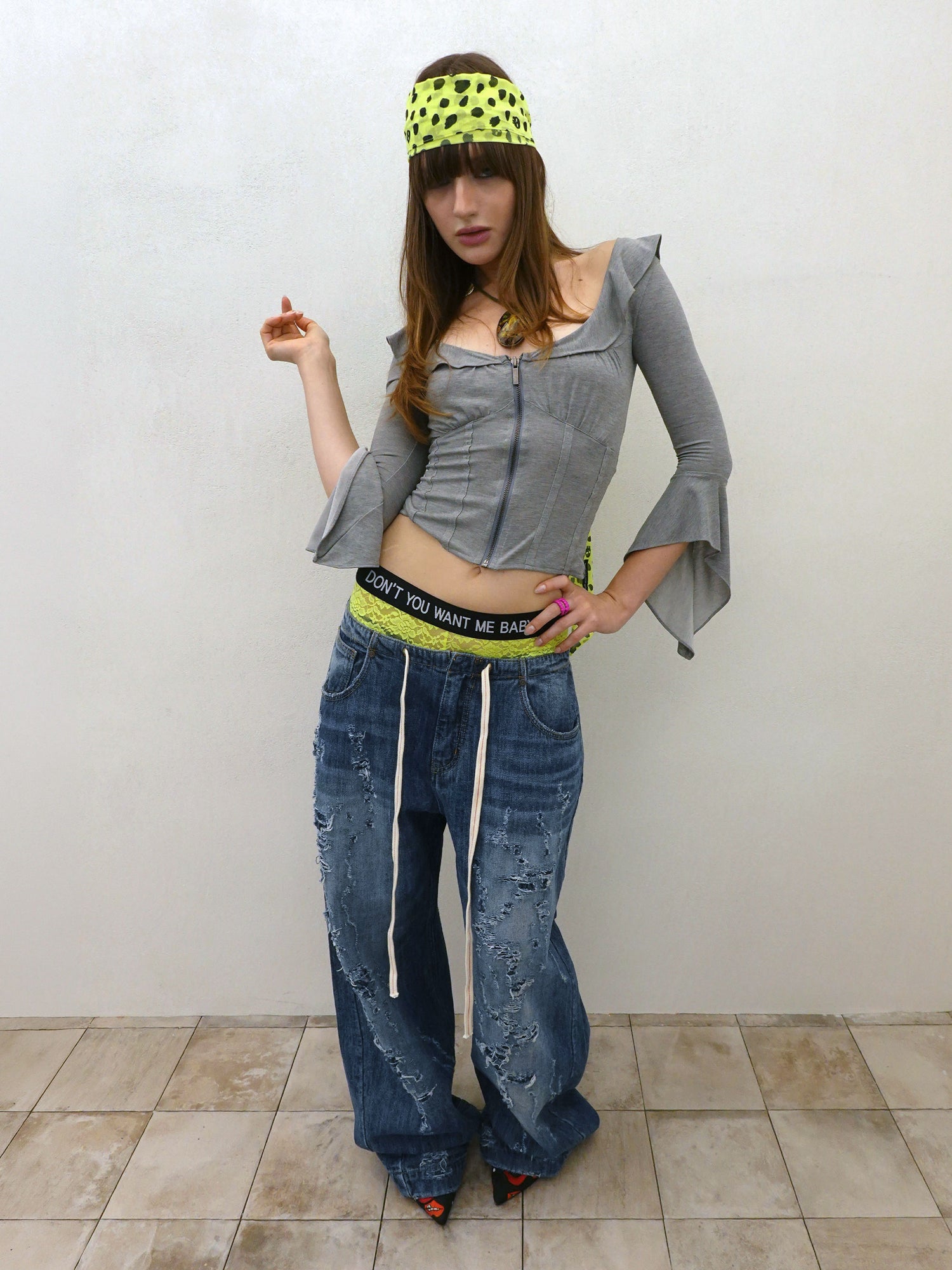 Distressed Layered Jeans Mid Blue