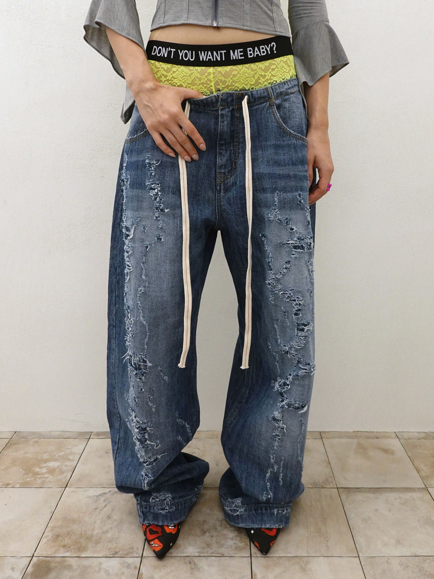 Distressed Layered Jeans Mid Blue