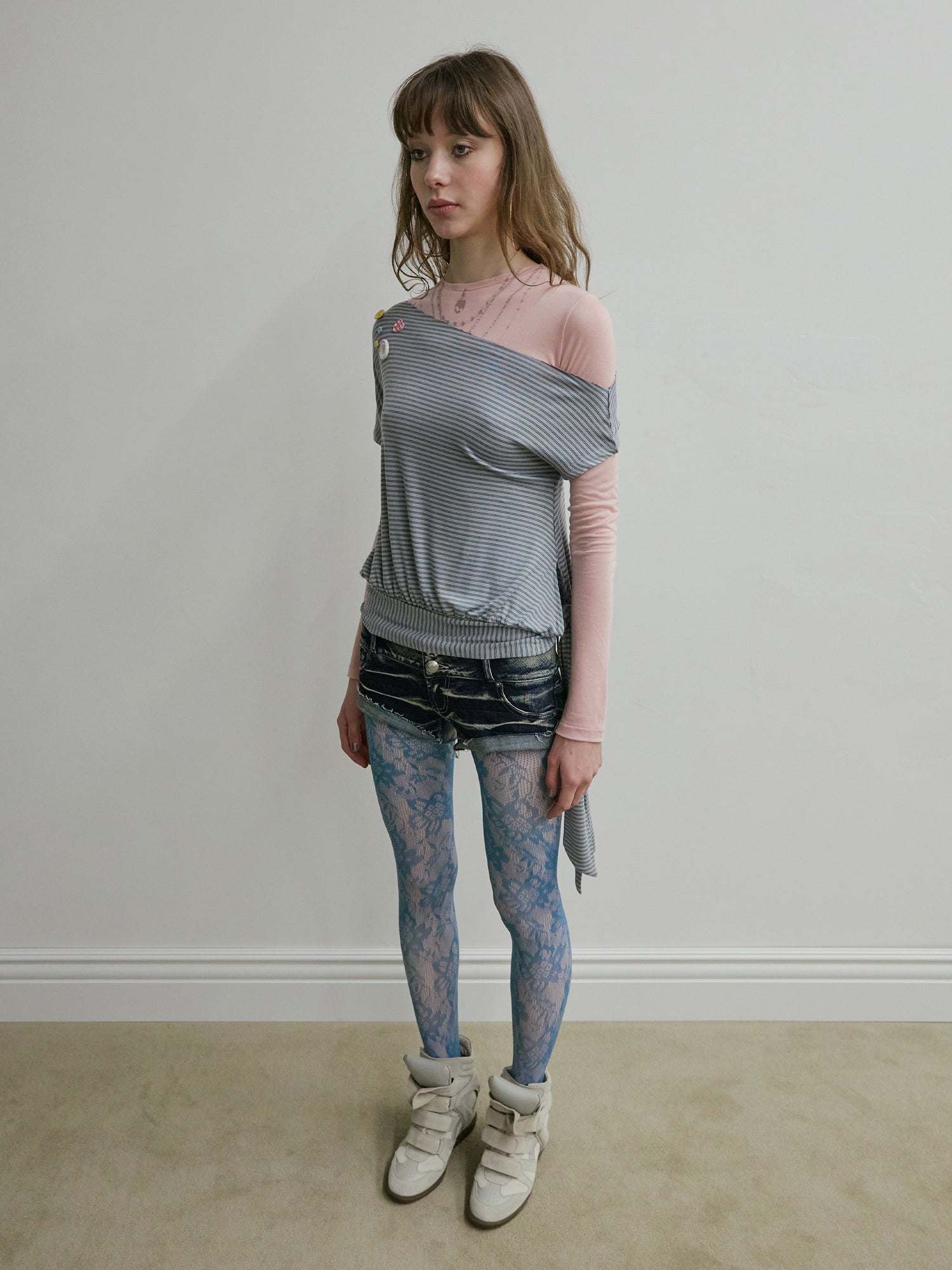 Off-Shoulder Button Tee Dusty Blue