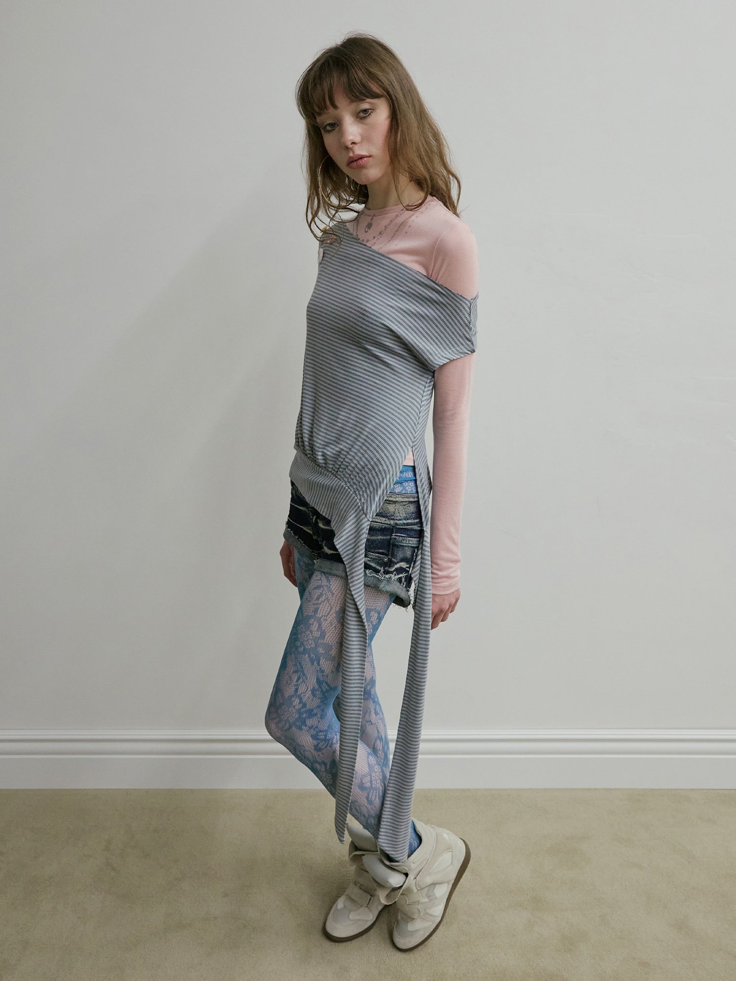 Off-Shoulder Button Tee Dusty Blue