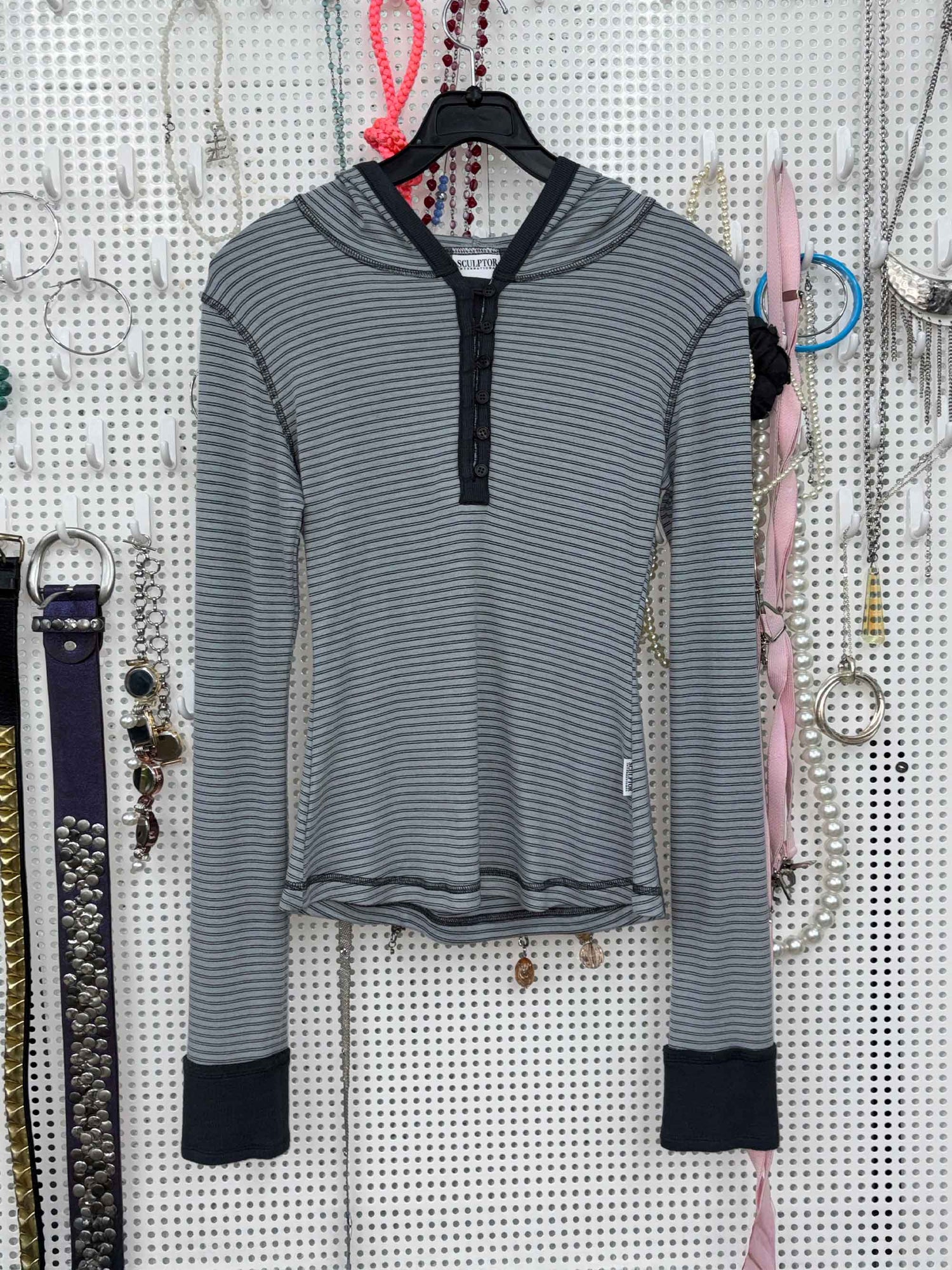 Striped Button Down Hoodie Dusty Blue