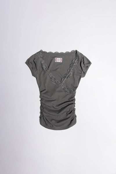 スカルプター Lace Trim Wrap Tee Charcoal L Lace Trim Wrap Tee Charcoal – Sculptor