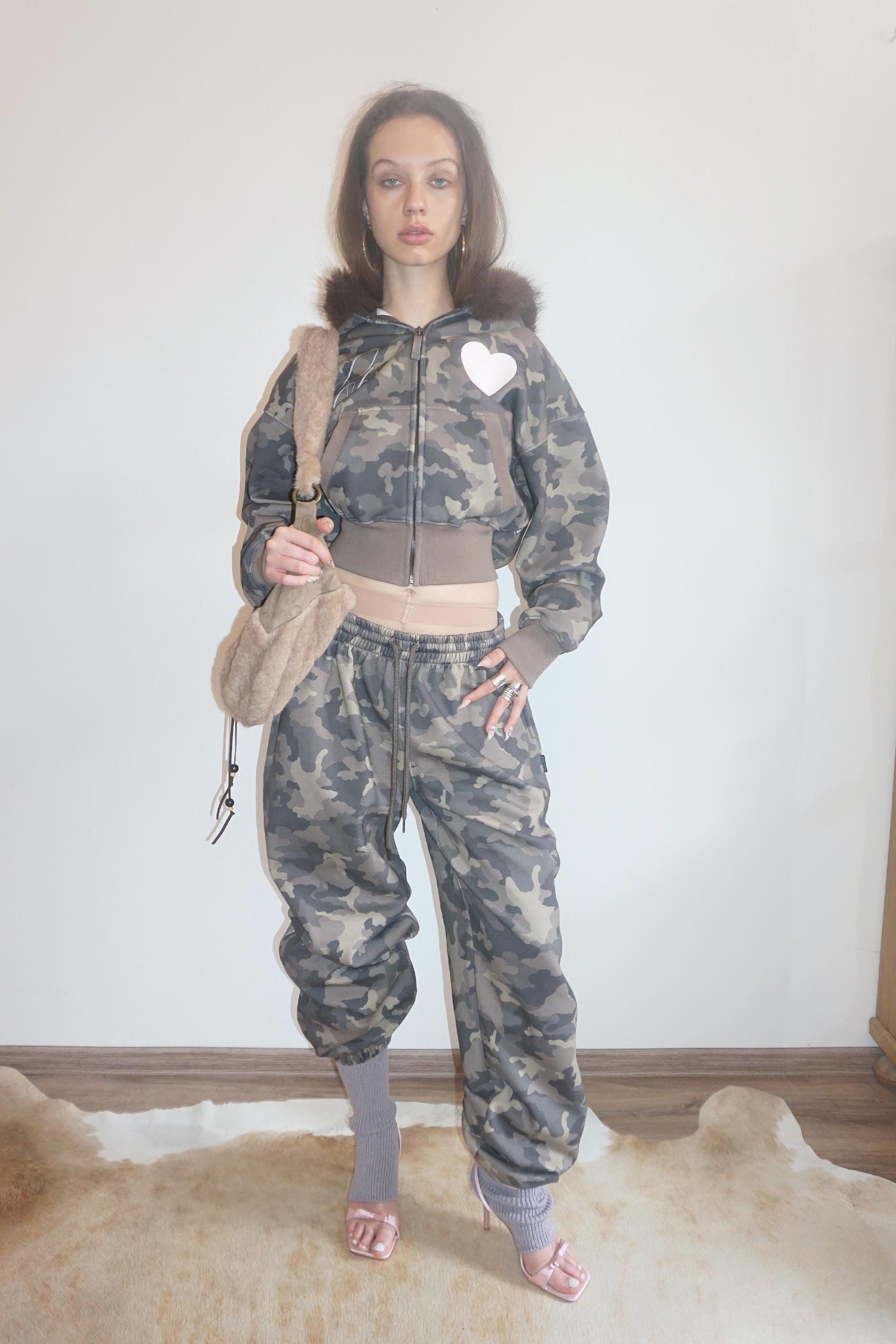 Faux Fur Trimming Hooded Zip-Up Forest Camo