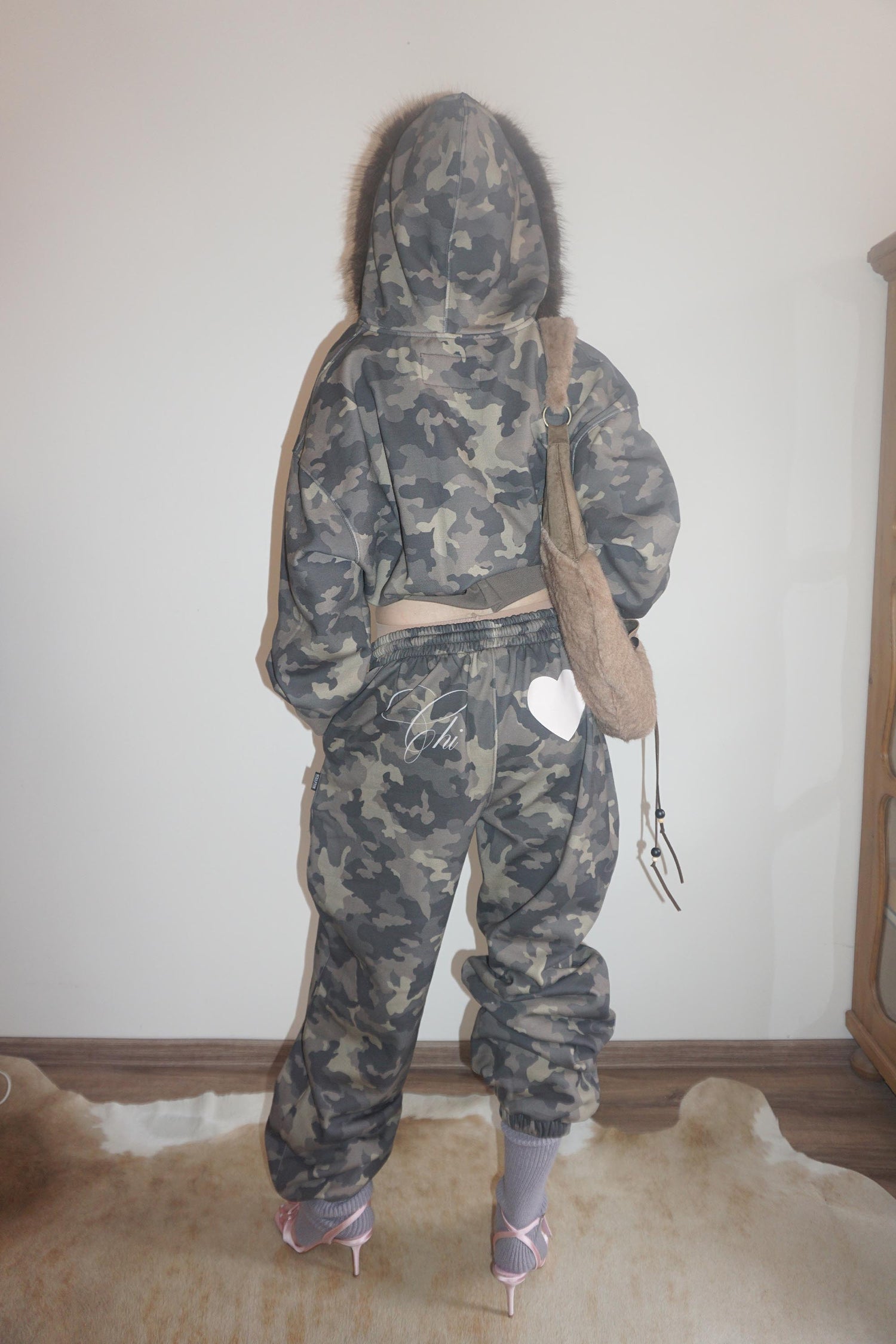 Faux Fur Trimming Hooded Zip-Up Forest Camo