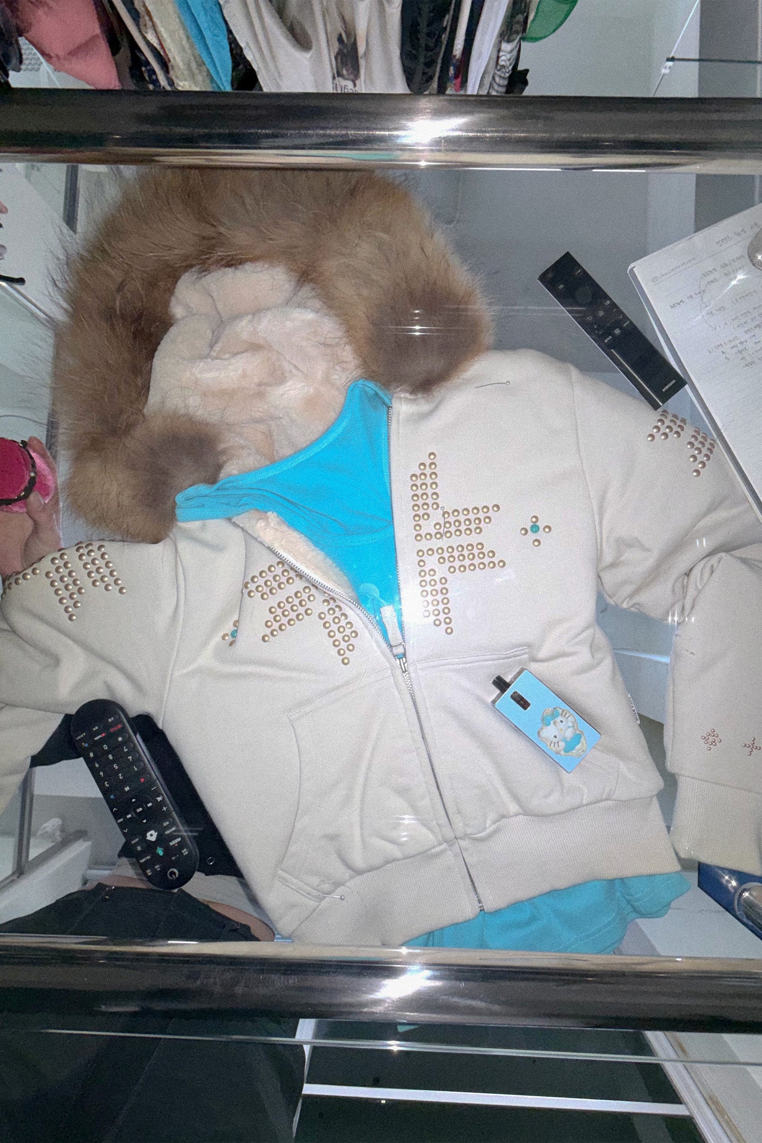 Fur Trimming Hooded Zip-Up Dirty White