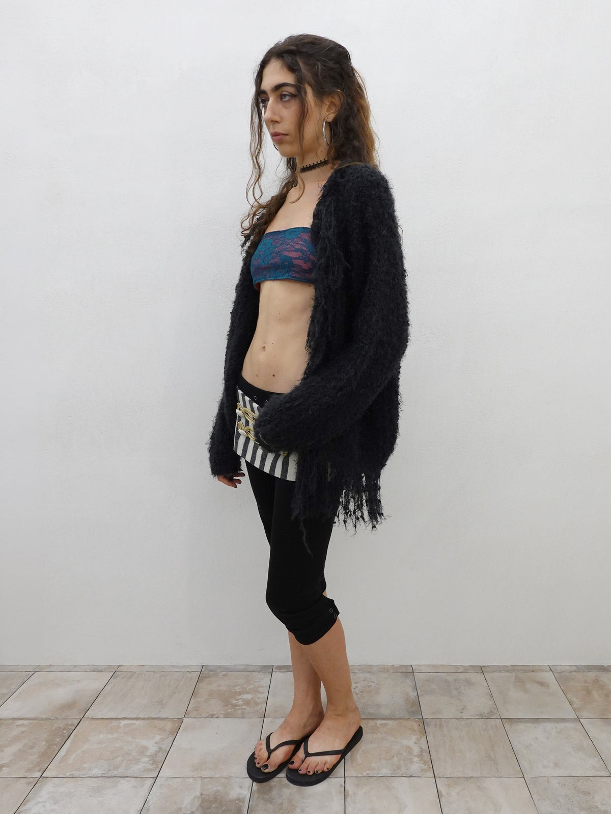 Fuzzy Fringe Cardigan Charcoal