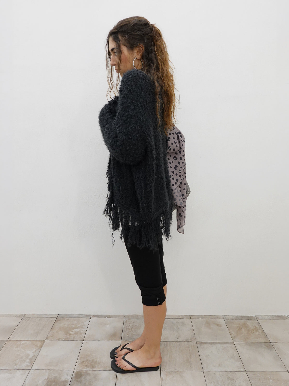 Fuzzy Fringe Cardigan Charcoal