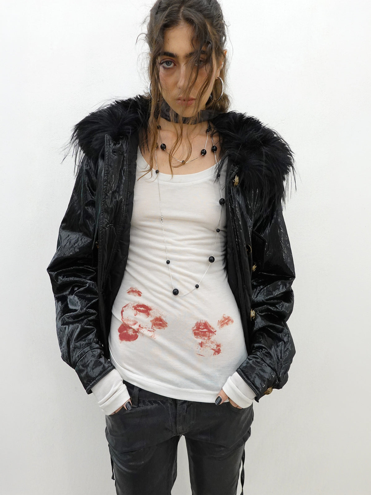 Glossy Fur Trim Jacket Black