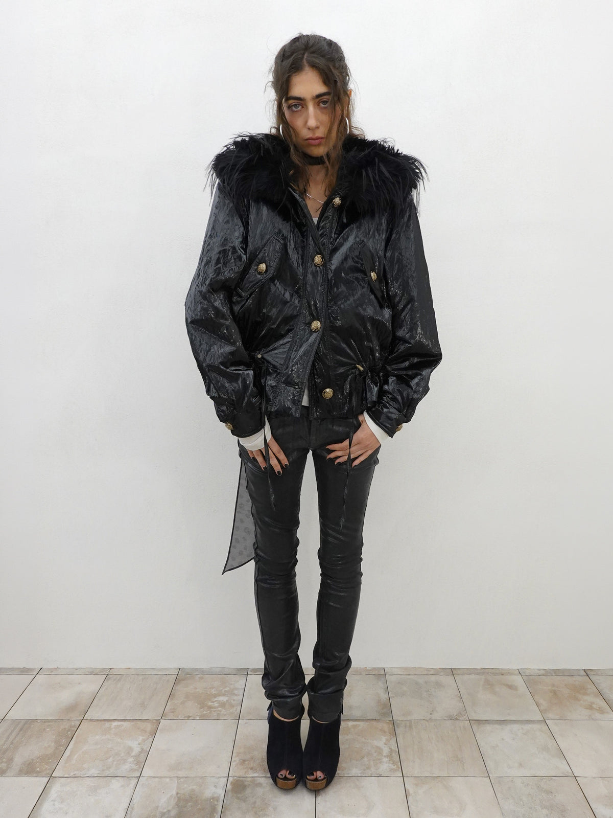 Glossy Fur Trim Jacket Black