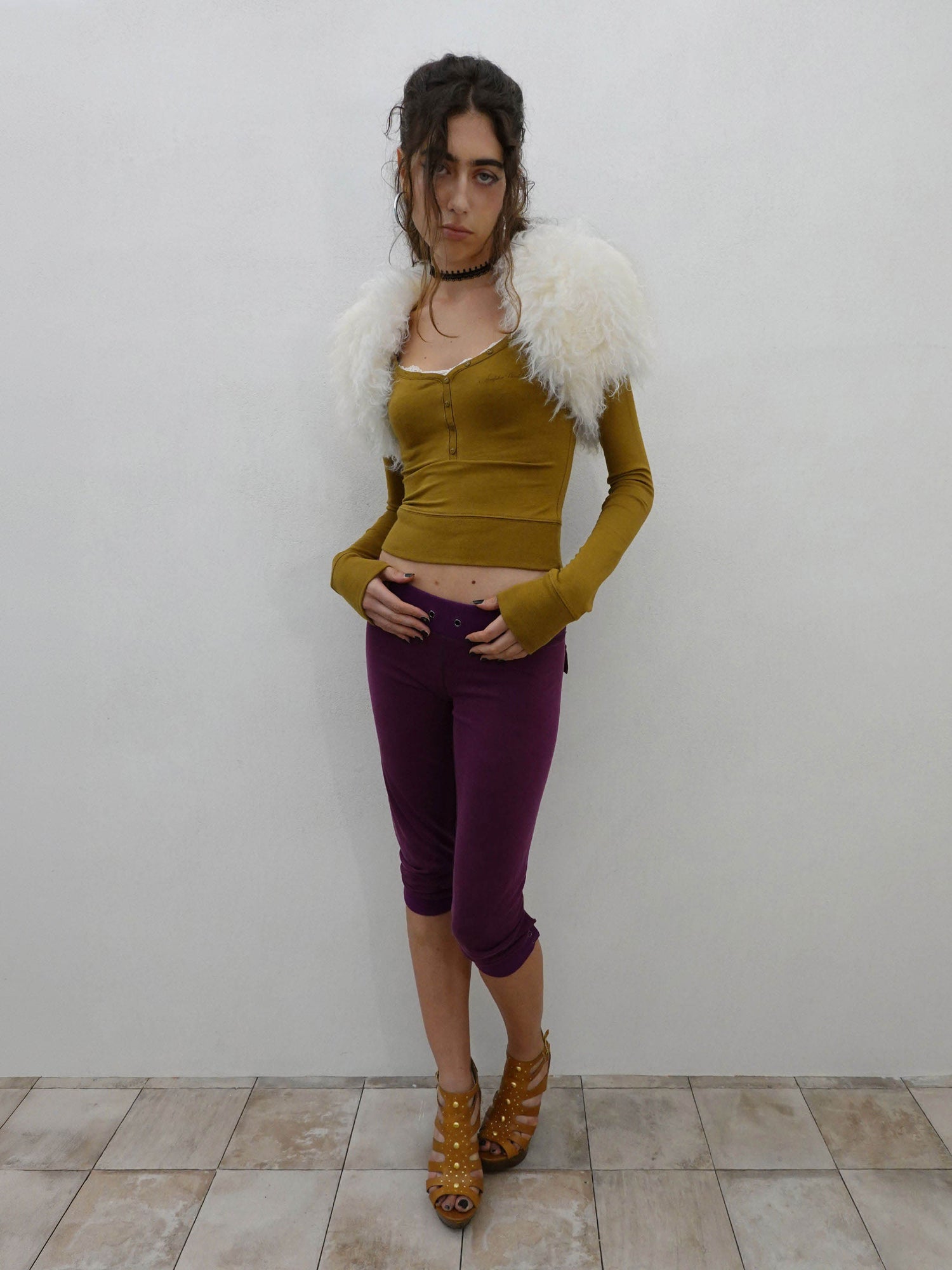 Lace Trim Henley Top Camel