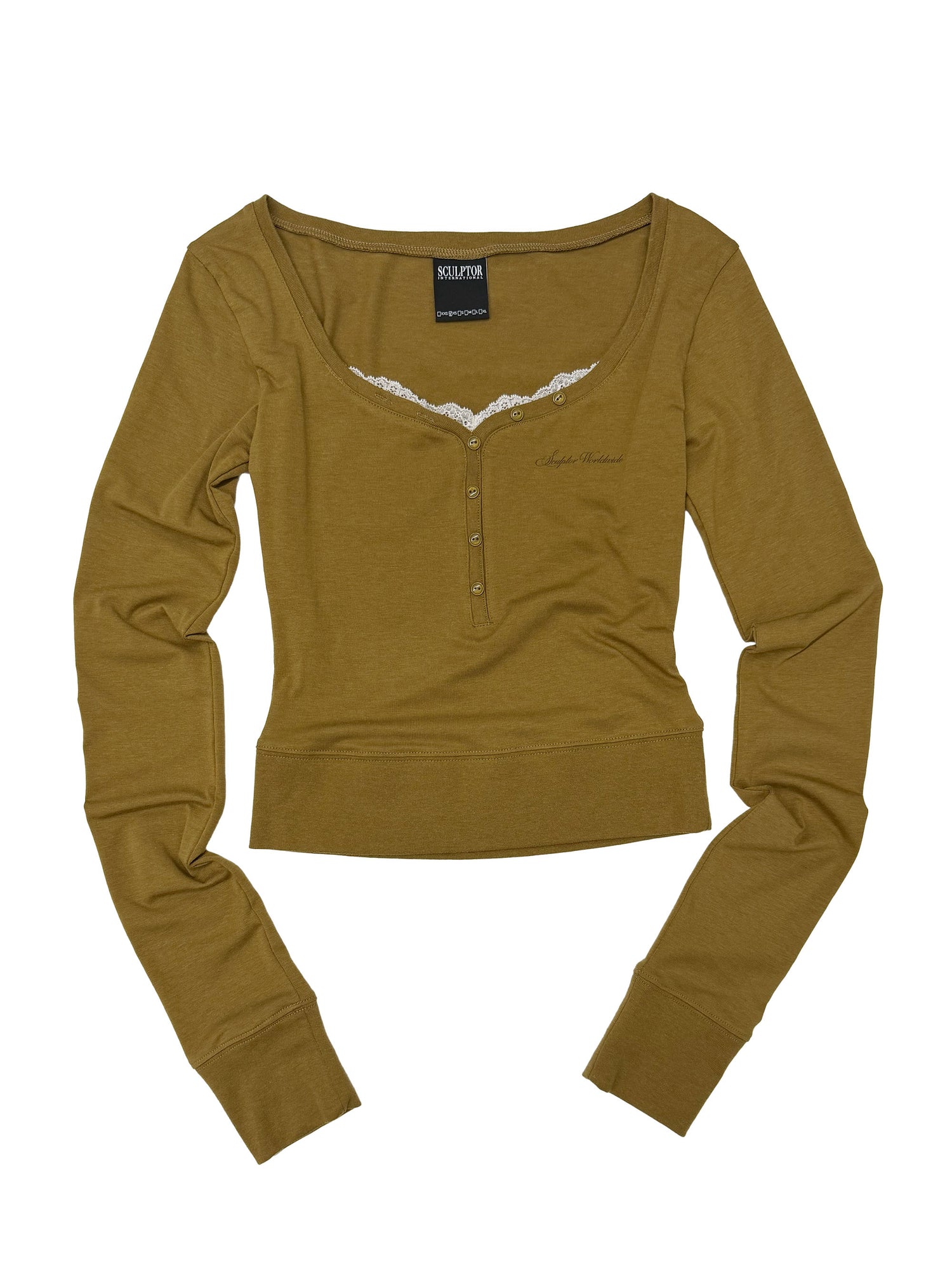 Lace Trim Henley Top Camel