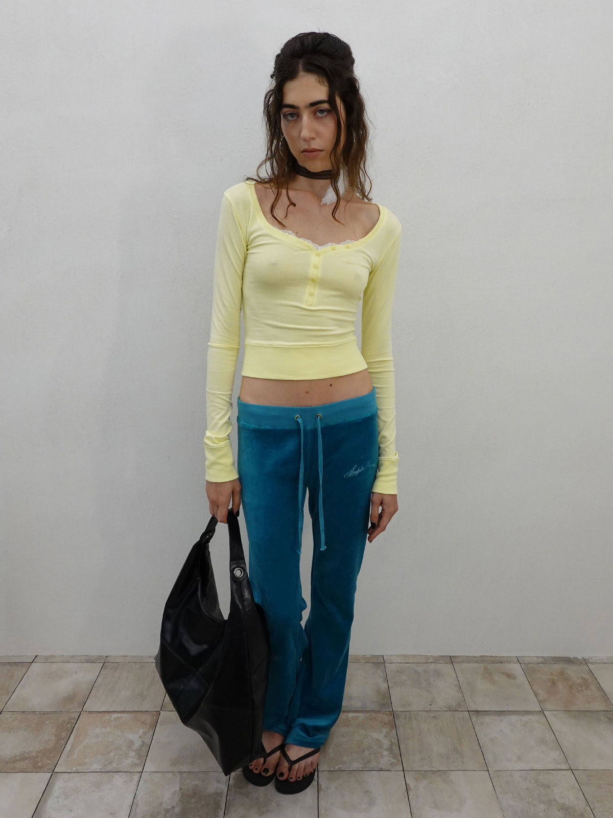 Lace Trim Henley Top Lemon