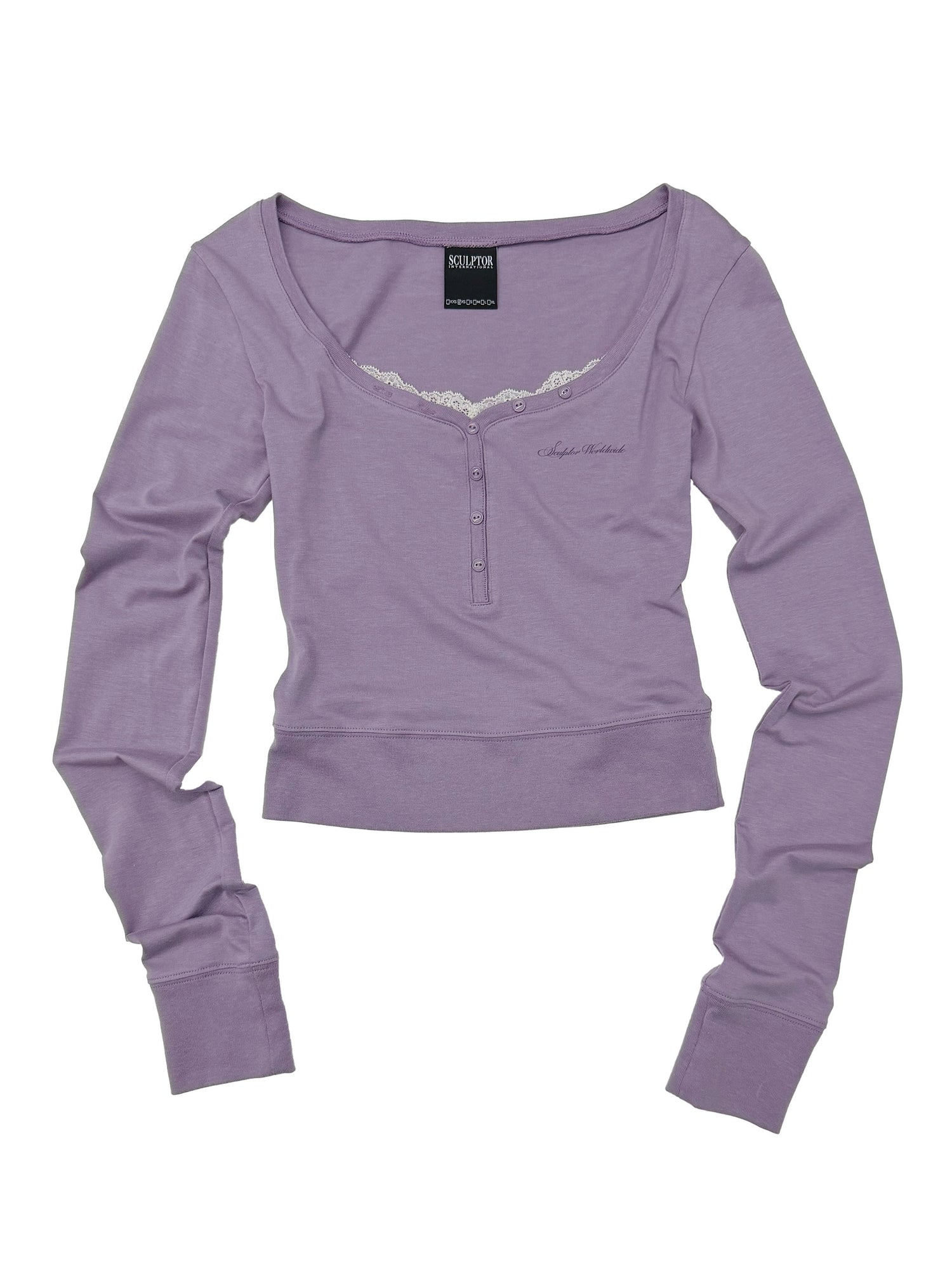 Lace Trim Henley Top Ube Purple