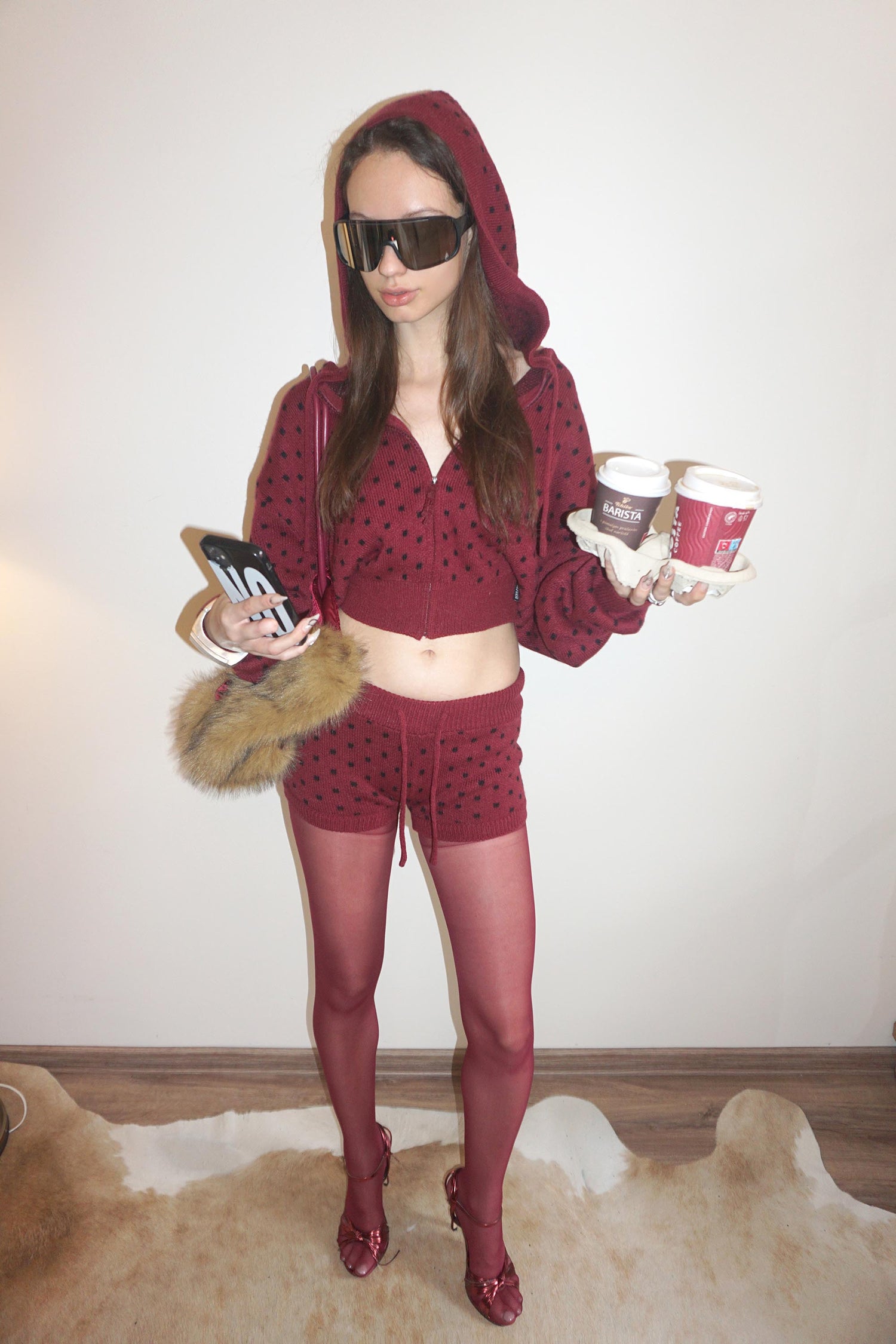 Snowflake Knit Zip-Up Ladybug
