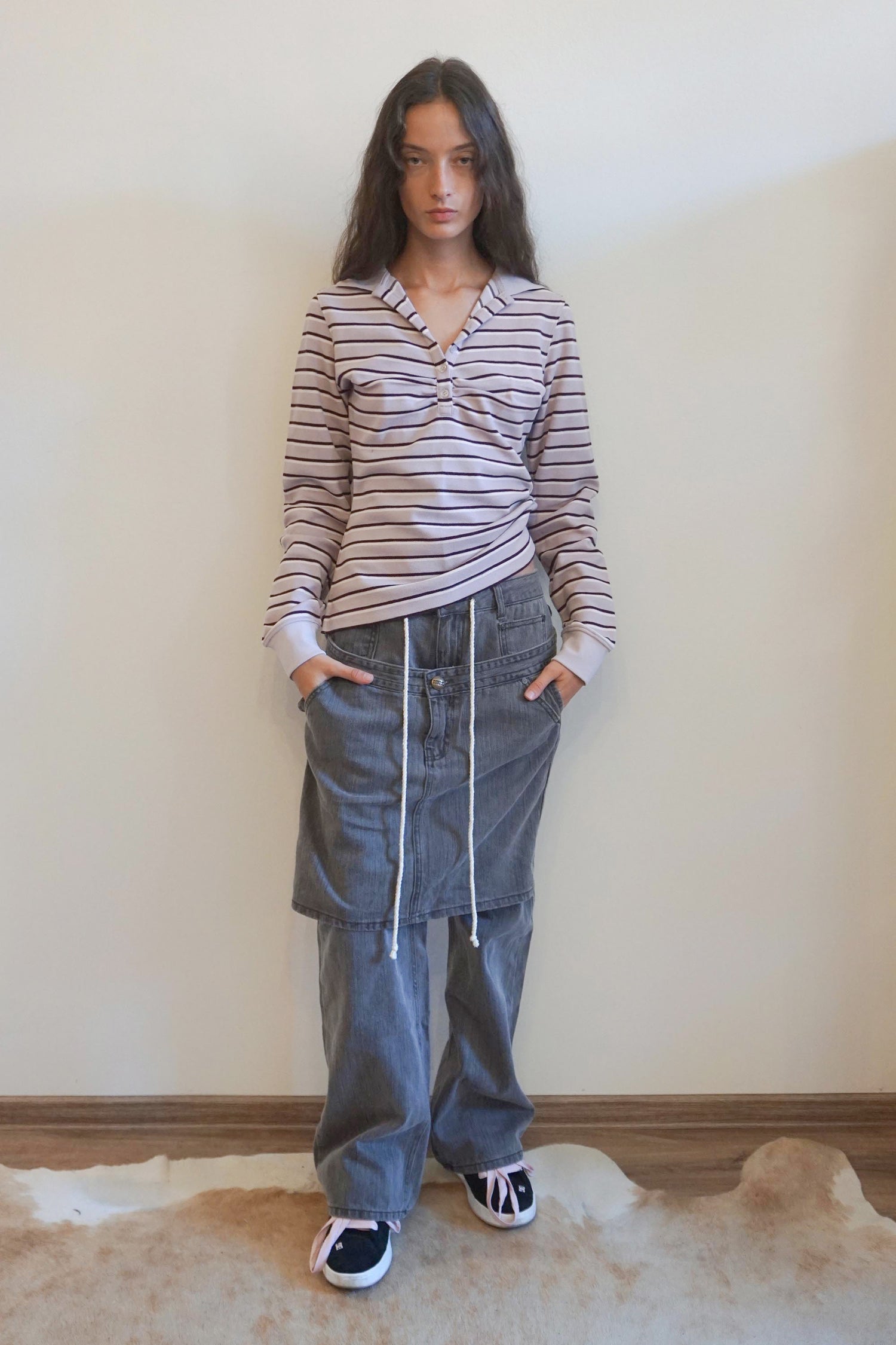Shirring Tennis Shirt Lavender Stripe