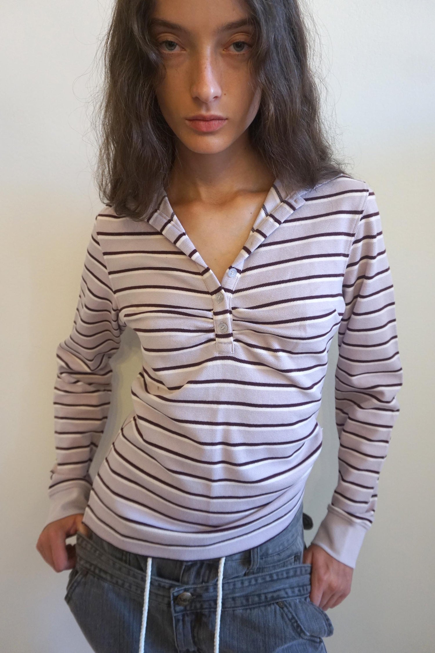 Shirring Tennis Shirt Lavender Stripe