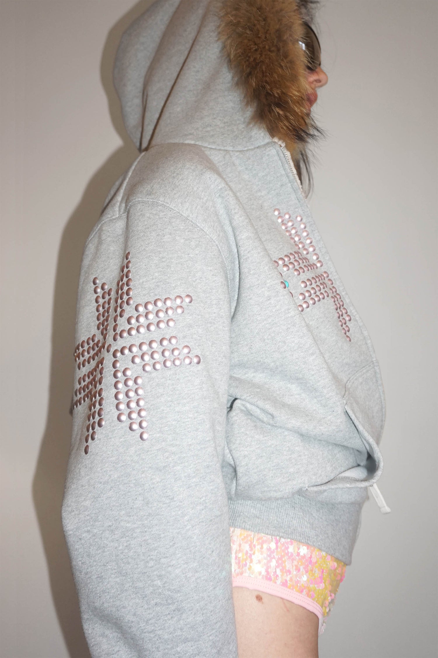 Fur Trimming Hooded Zip-Up Melange Gray