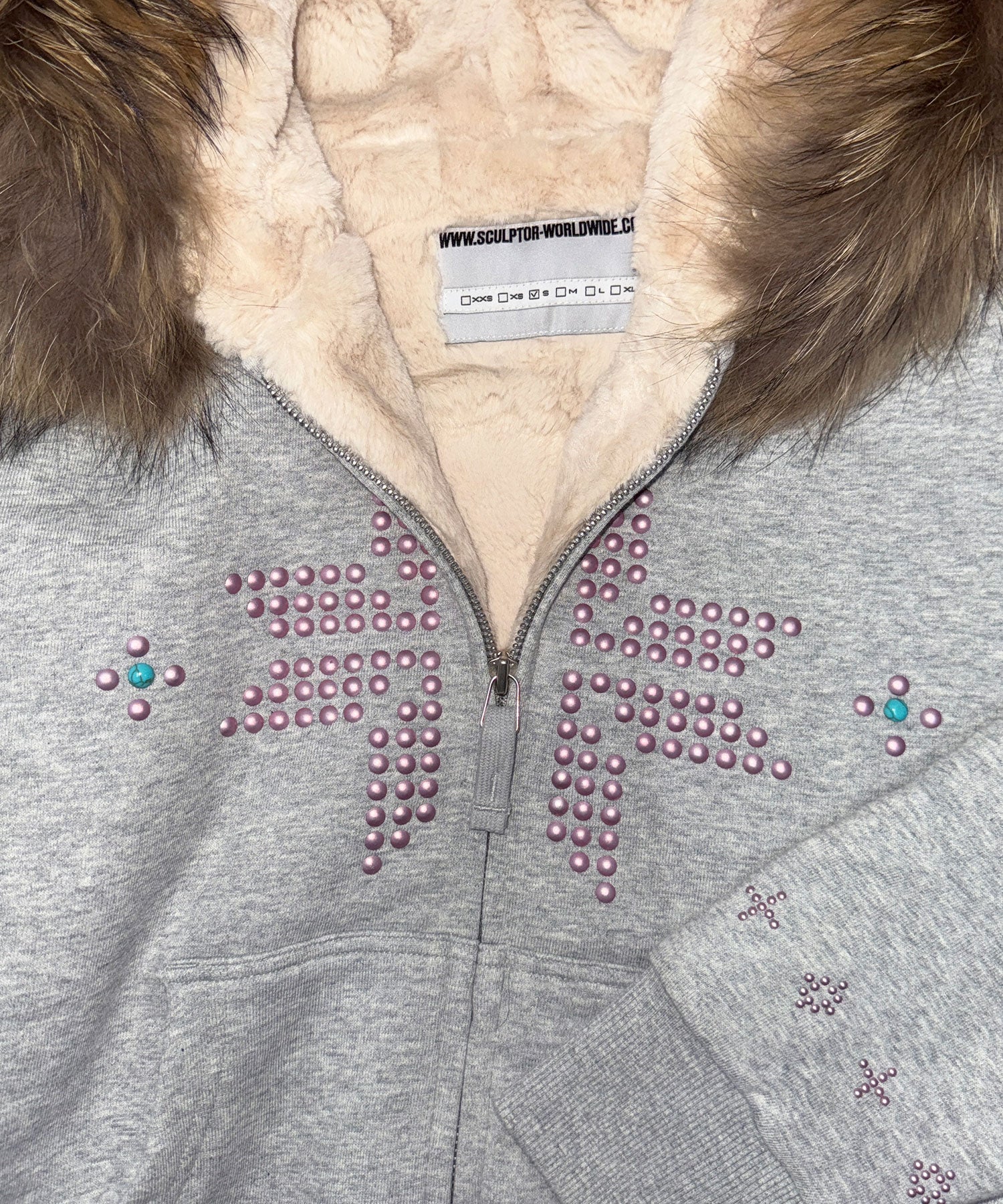 Fur Trimming Hooded Zip-Up Melange Gray