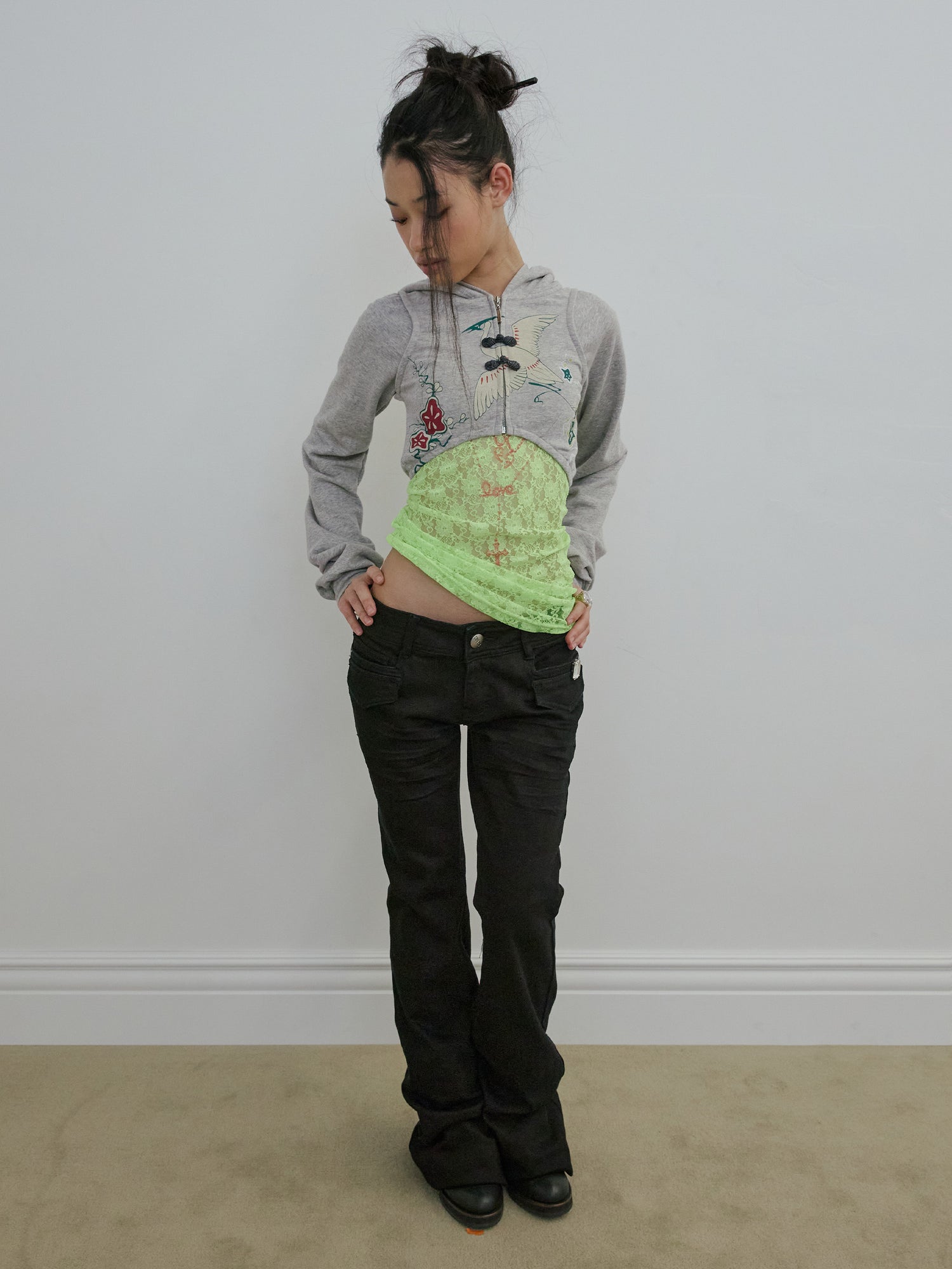 Zen Crop Hooded Zip-Up Melange Gray