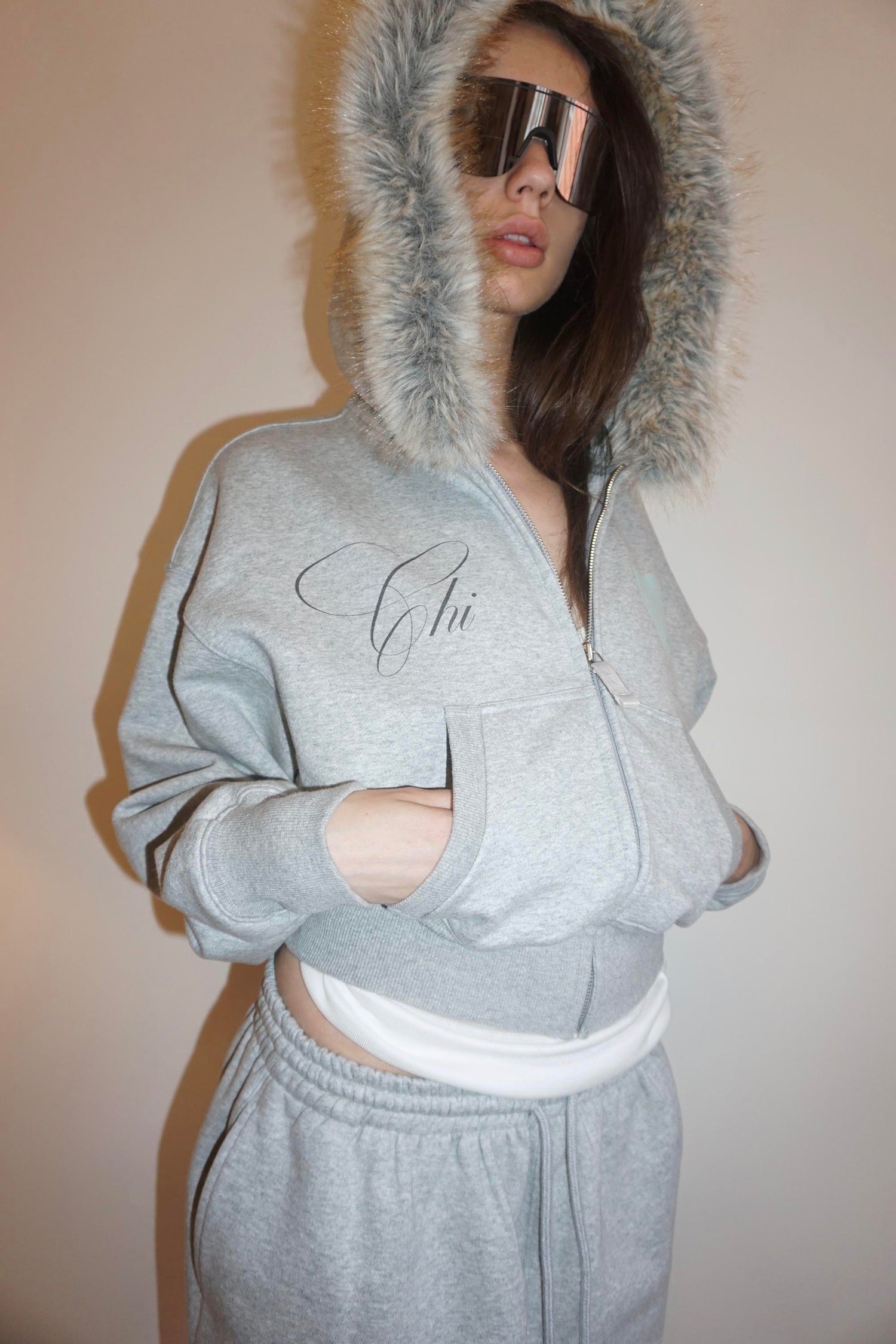 Faux Fur Trimming Hooded Zip-Up Melange Gray