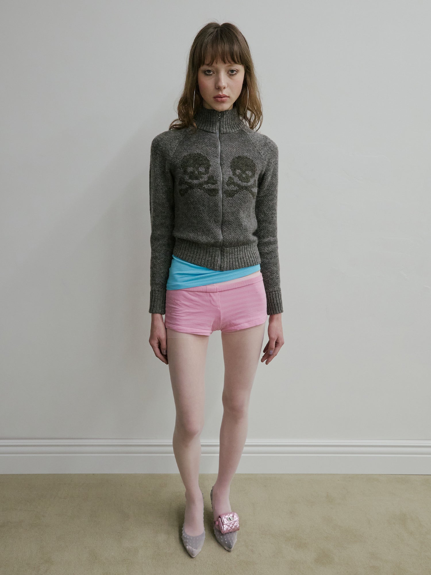 Skull Zip-Up Sweater Melange Gray