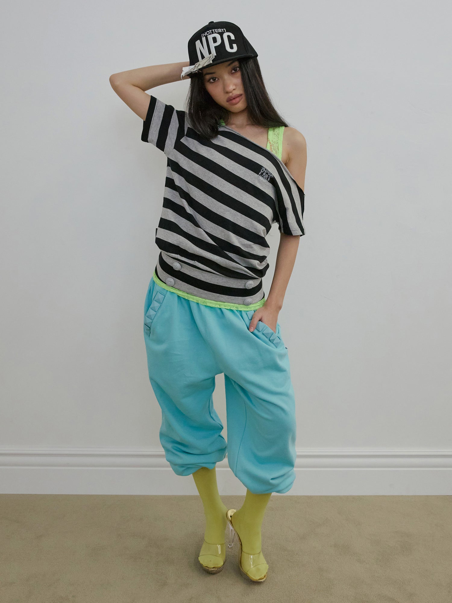 Button Stripe Tee Melange Gray