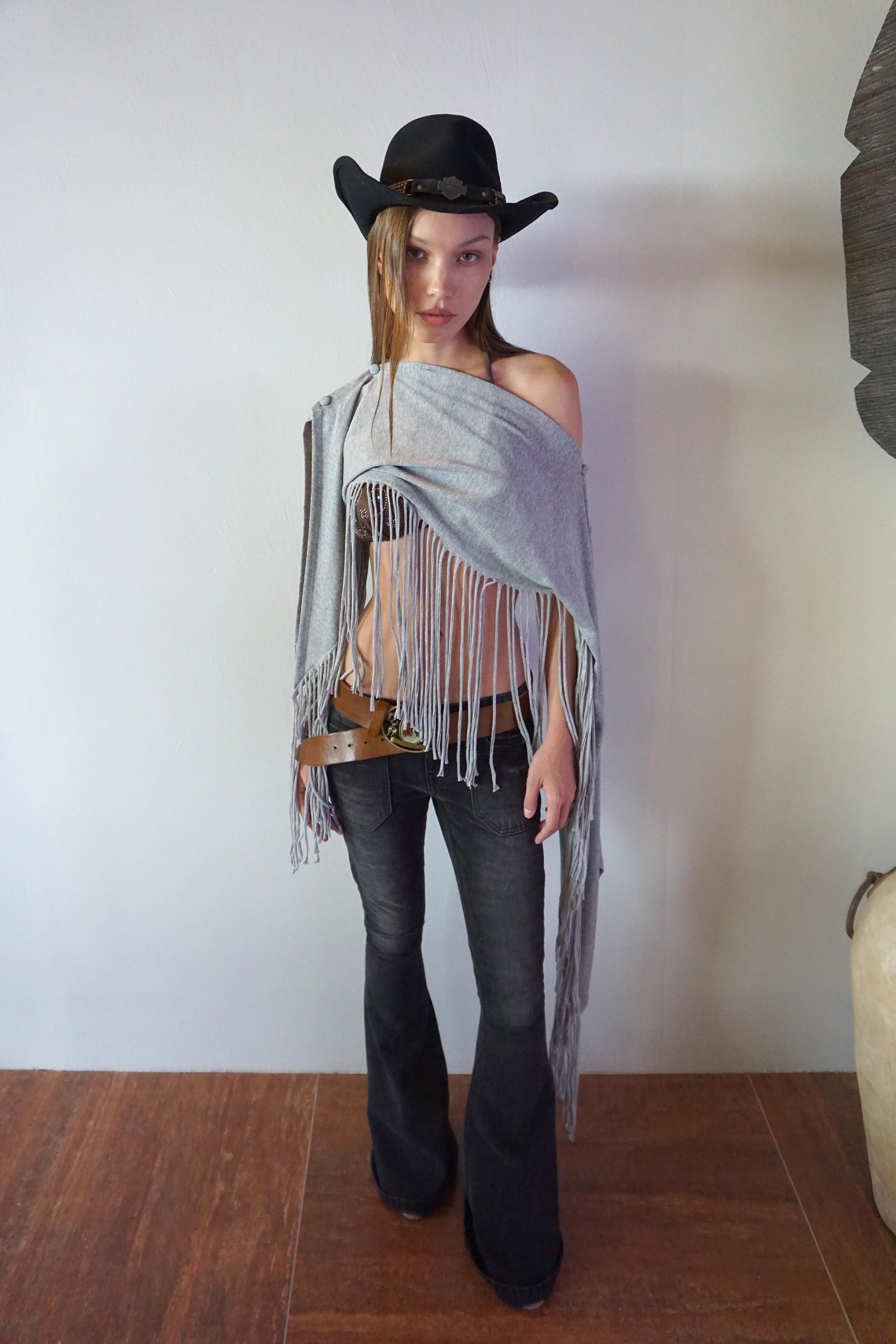 Versatile Fringe Cape Melange Gray