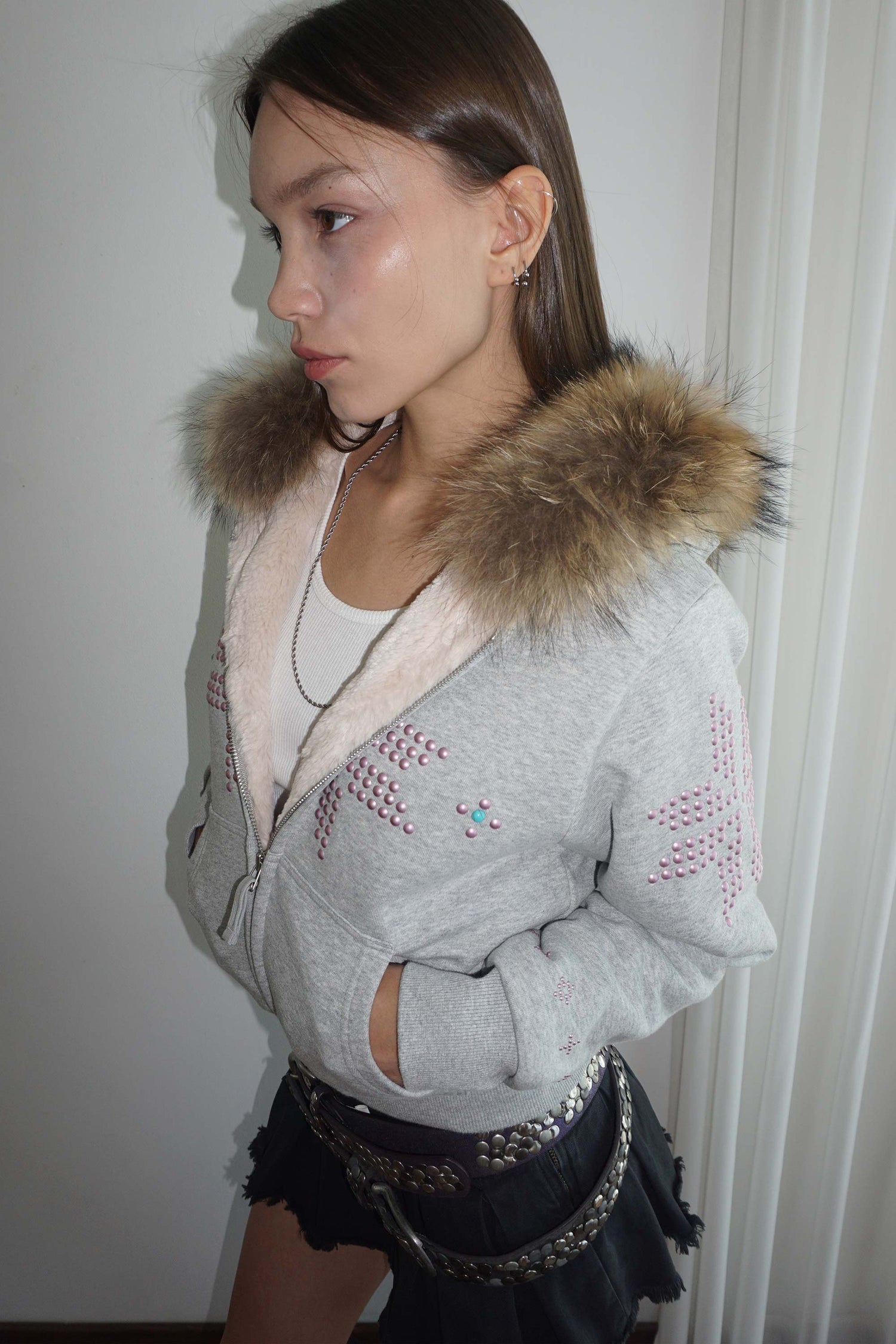 Fur Trimming Hooded Zip-Up Melange Gray