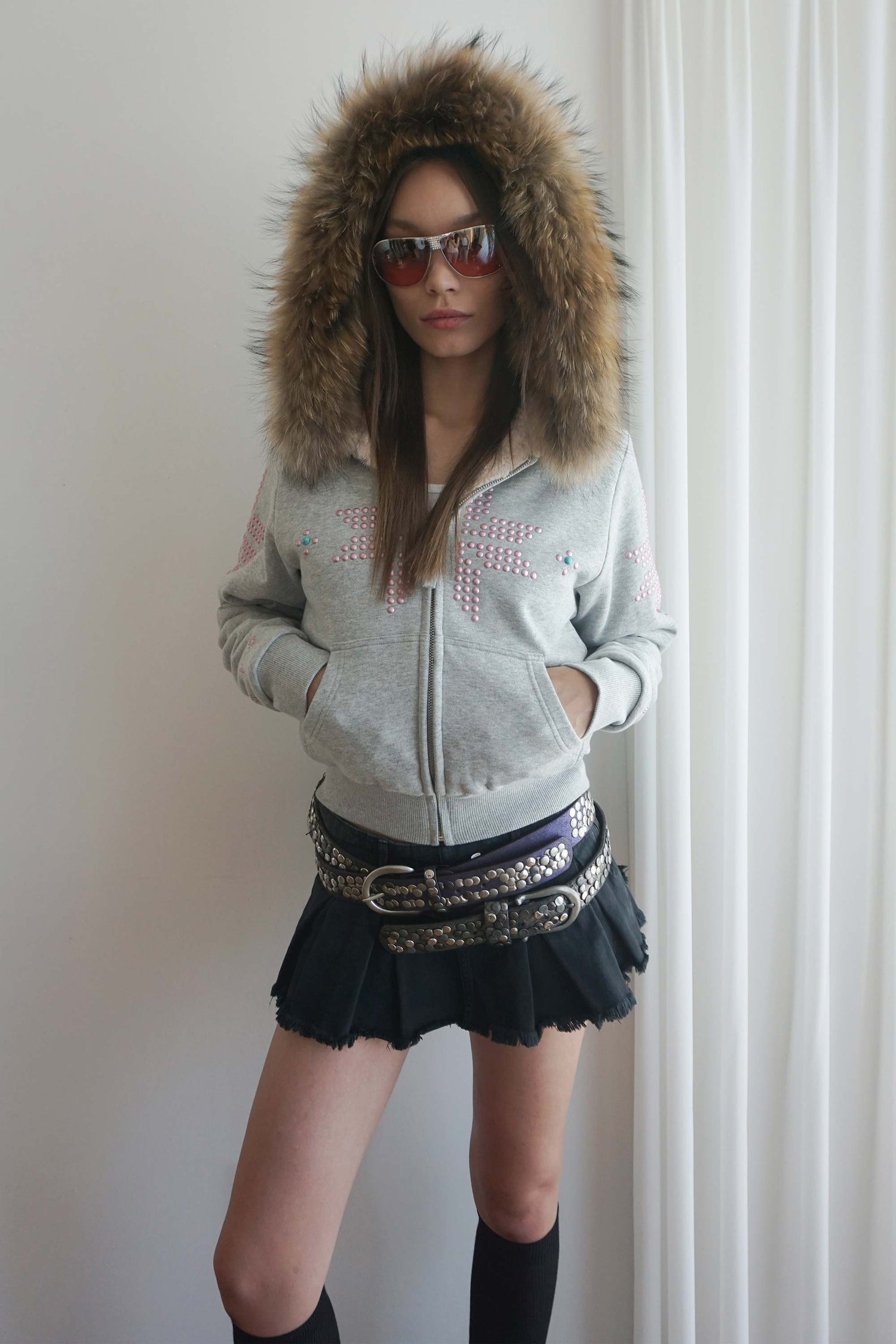 Fur Trimming Hooded Zip-Up Melange Gray