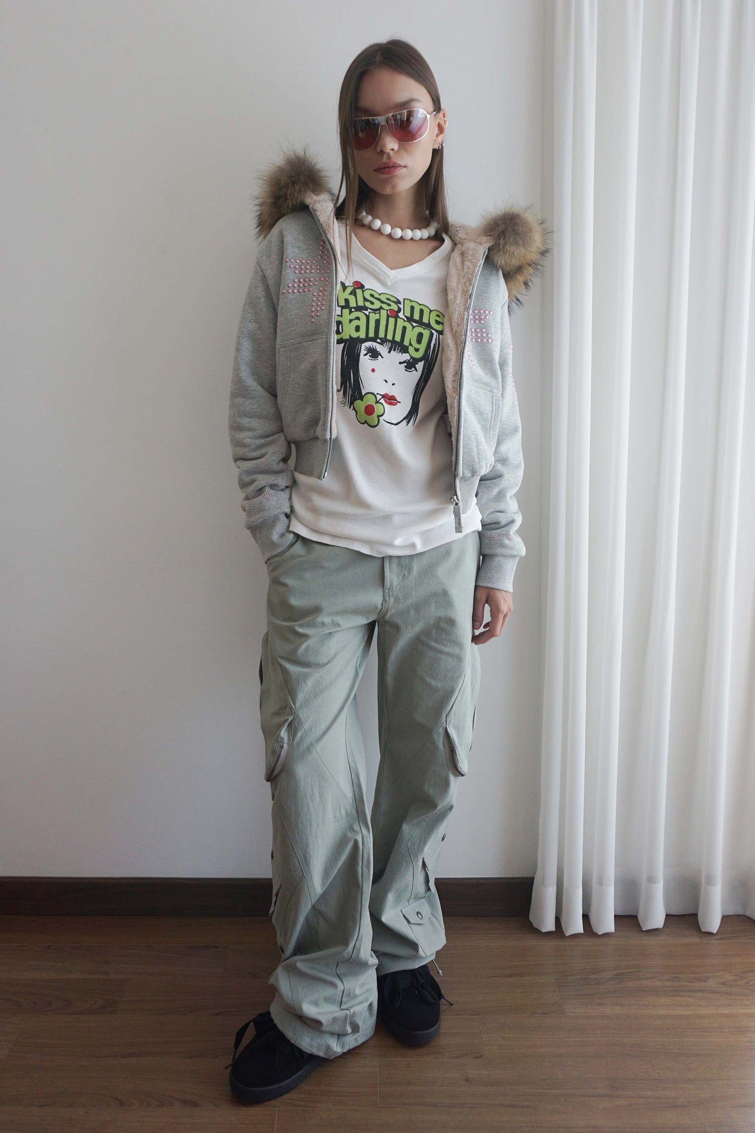 Fur Trimming Hooded Zip-Up Melange Gray