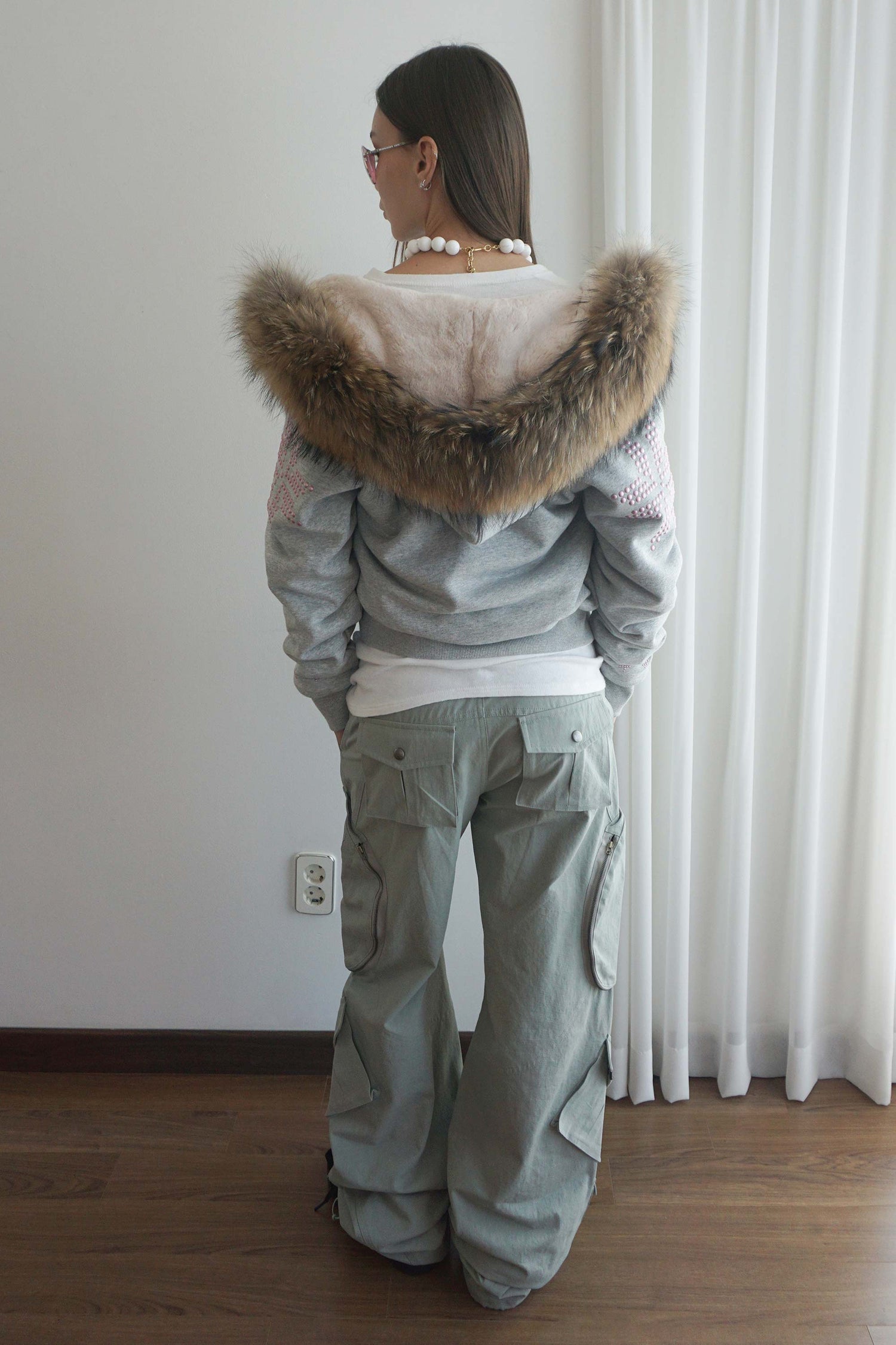 Fur Trimming Hooded Zip-Up Melange Gray