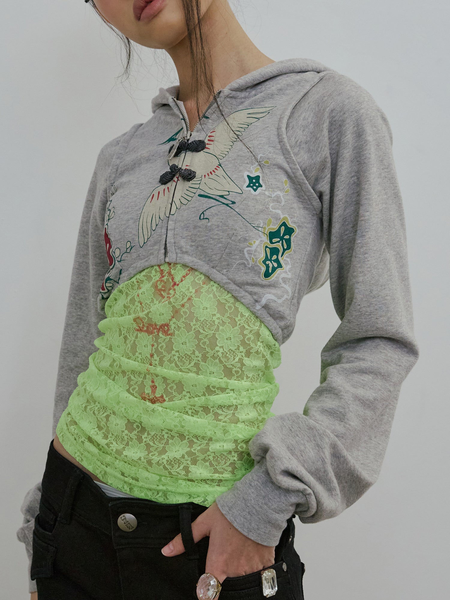 Zen Crop Hooded Zip-Up Melange Gray