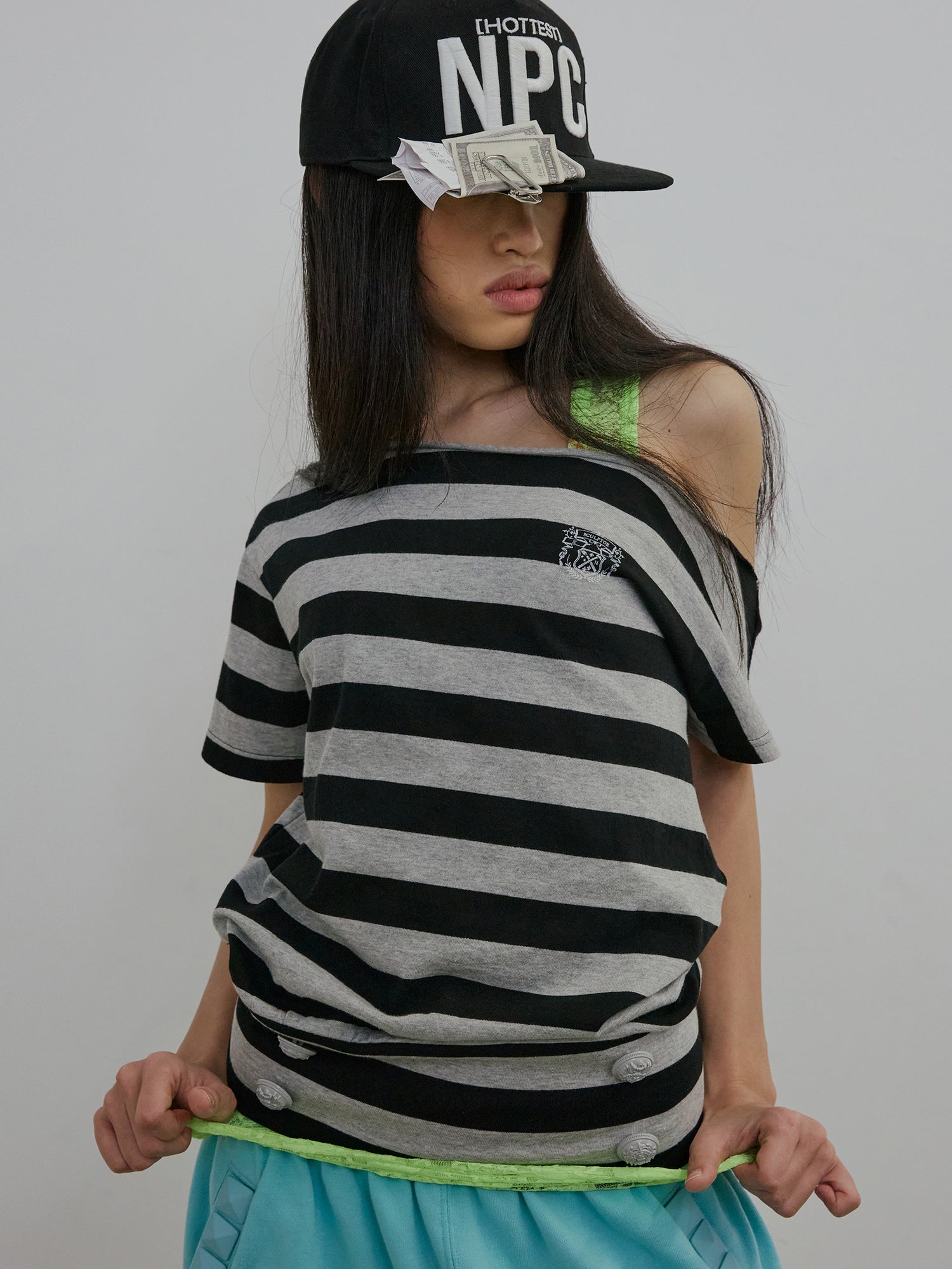 Button Stripe Tee Melange Gray