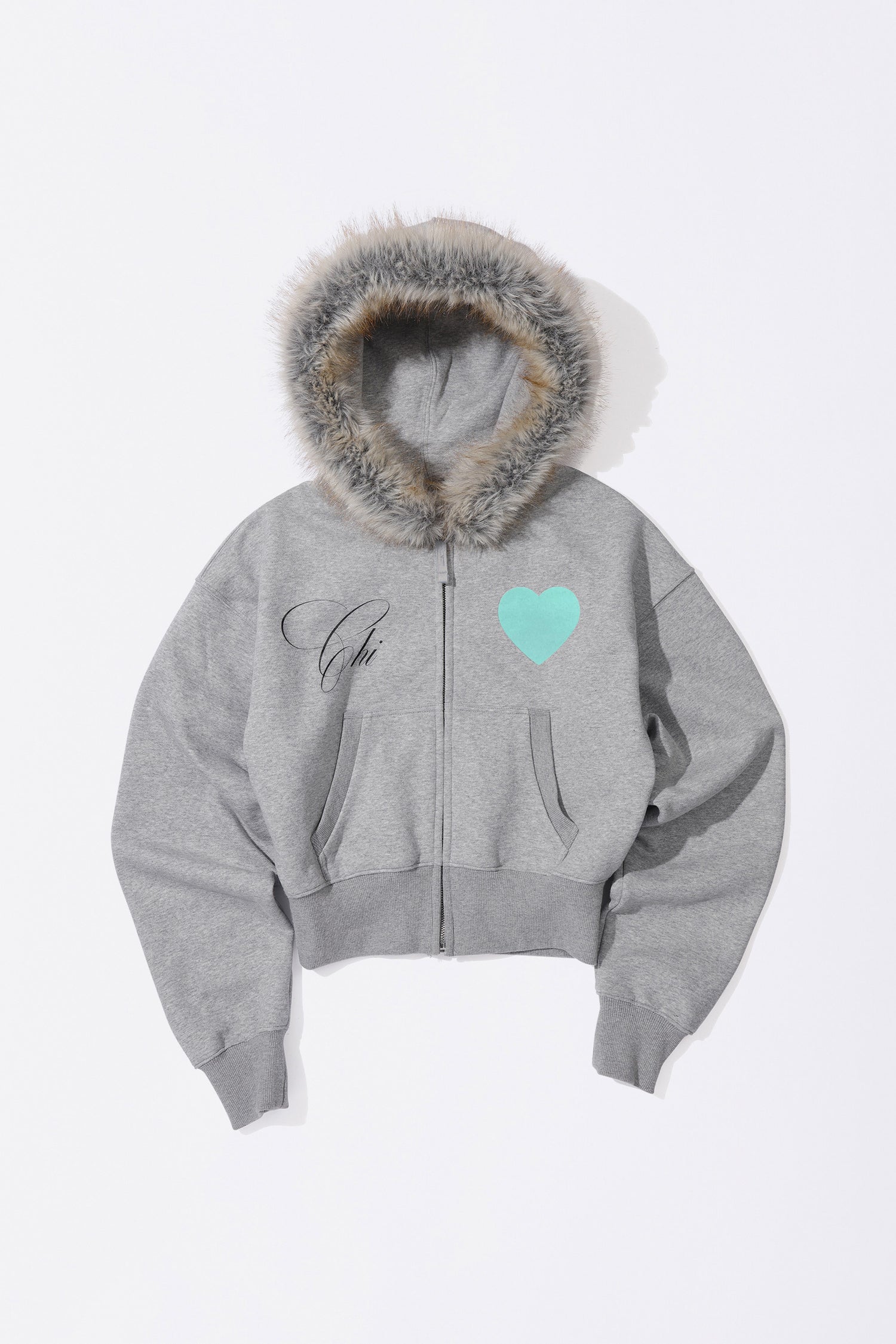 Faux Fur Trimming Hooded Zip-Up Melange Gray